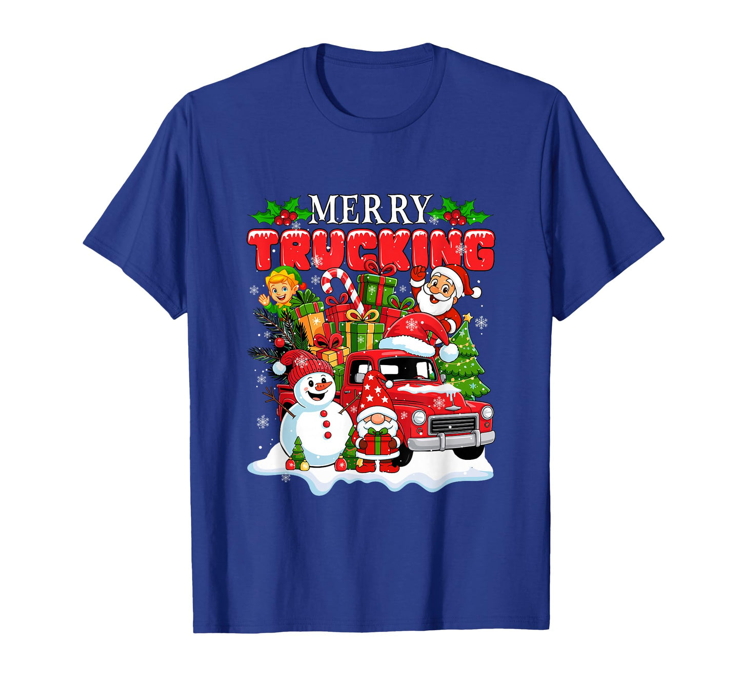 Merry Christmas Trucking Santa Gnome Elf On Truck Snowman T-Shirt
