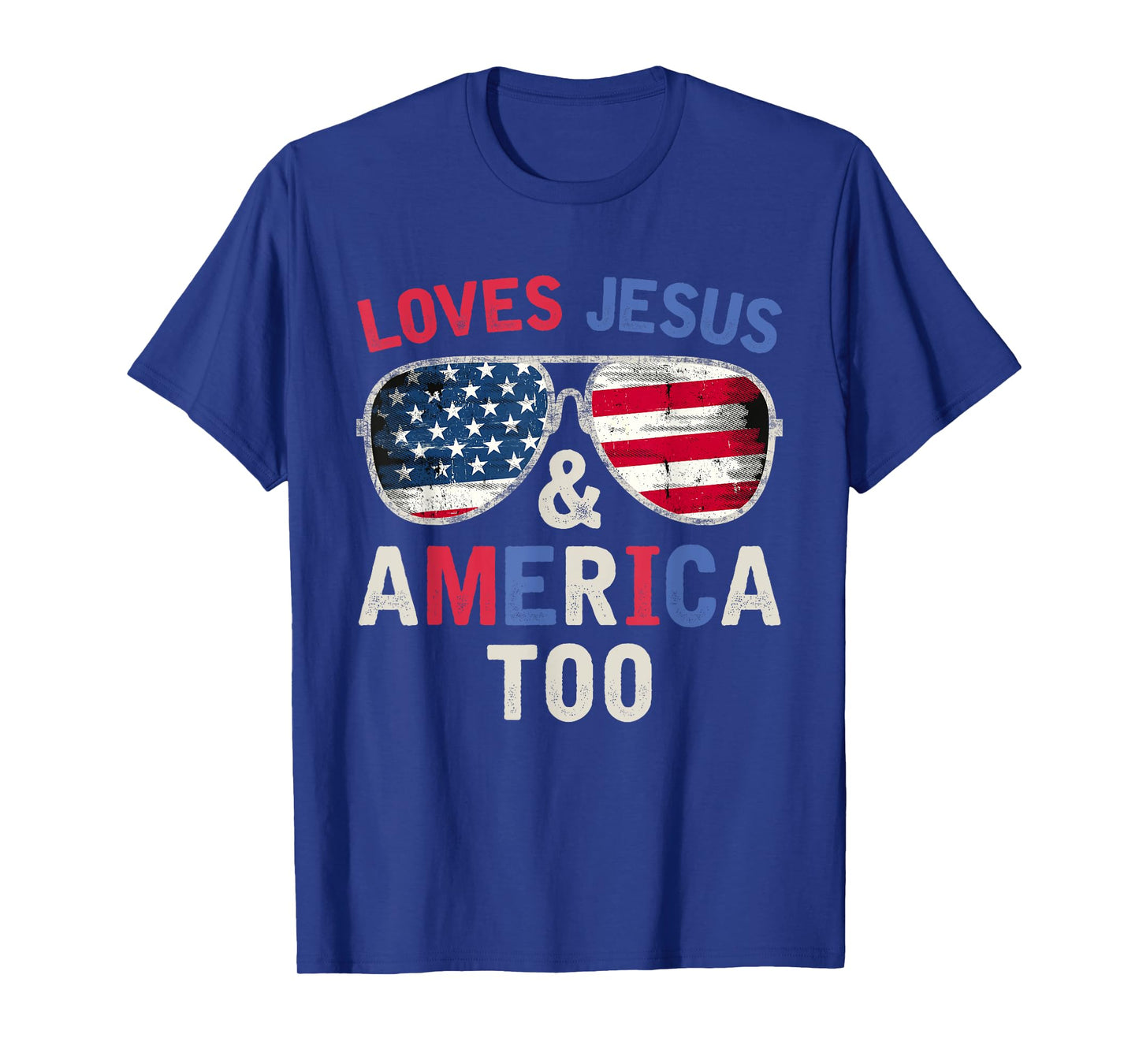 Loves Jesus and America Too God Christian Groovy 4th of July T-Shirt