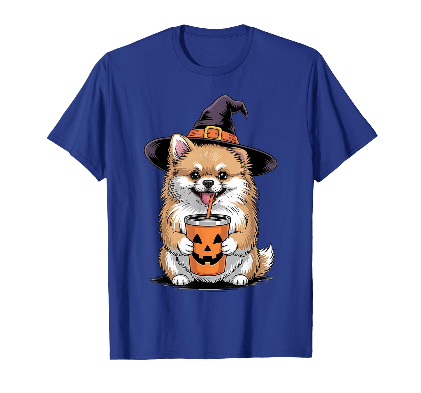 Pomeranian Witch Dog Paw Cute Halloween Spooky Pumpkin Drink T-Shirt