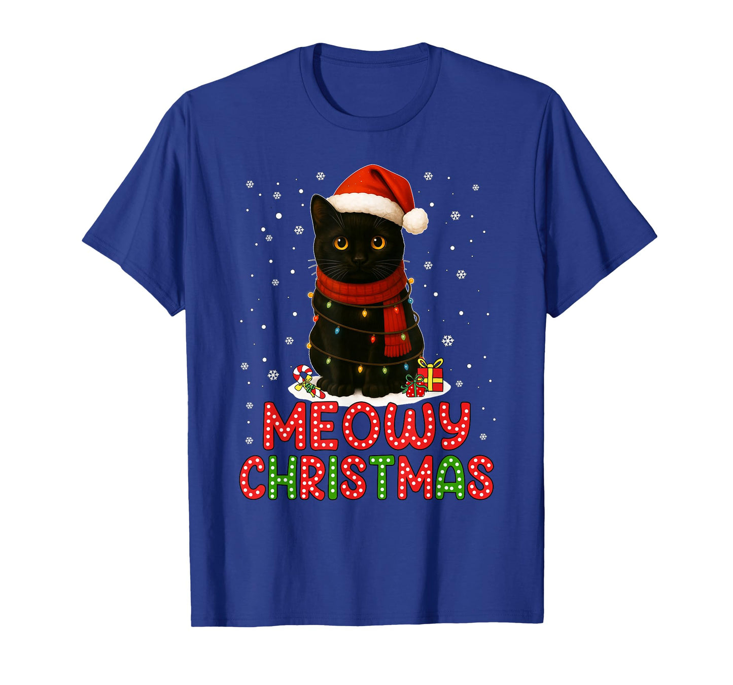 Meowy Christmas Santa Hat Funny Black Cat Men Women Kids T-Shirt