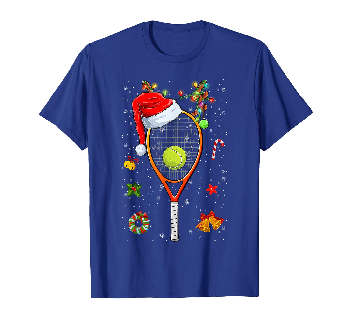 Funny Tennis Racket Reindeer Santa Hat Christmas Lights Xmas T-Shirt