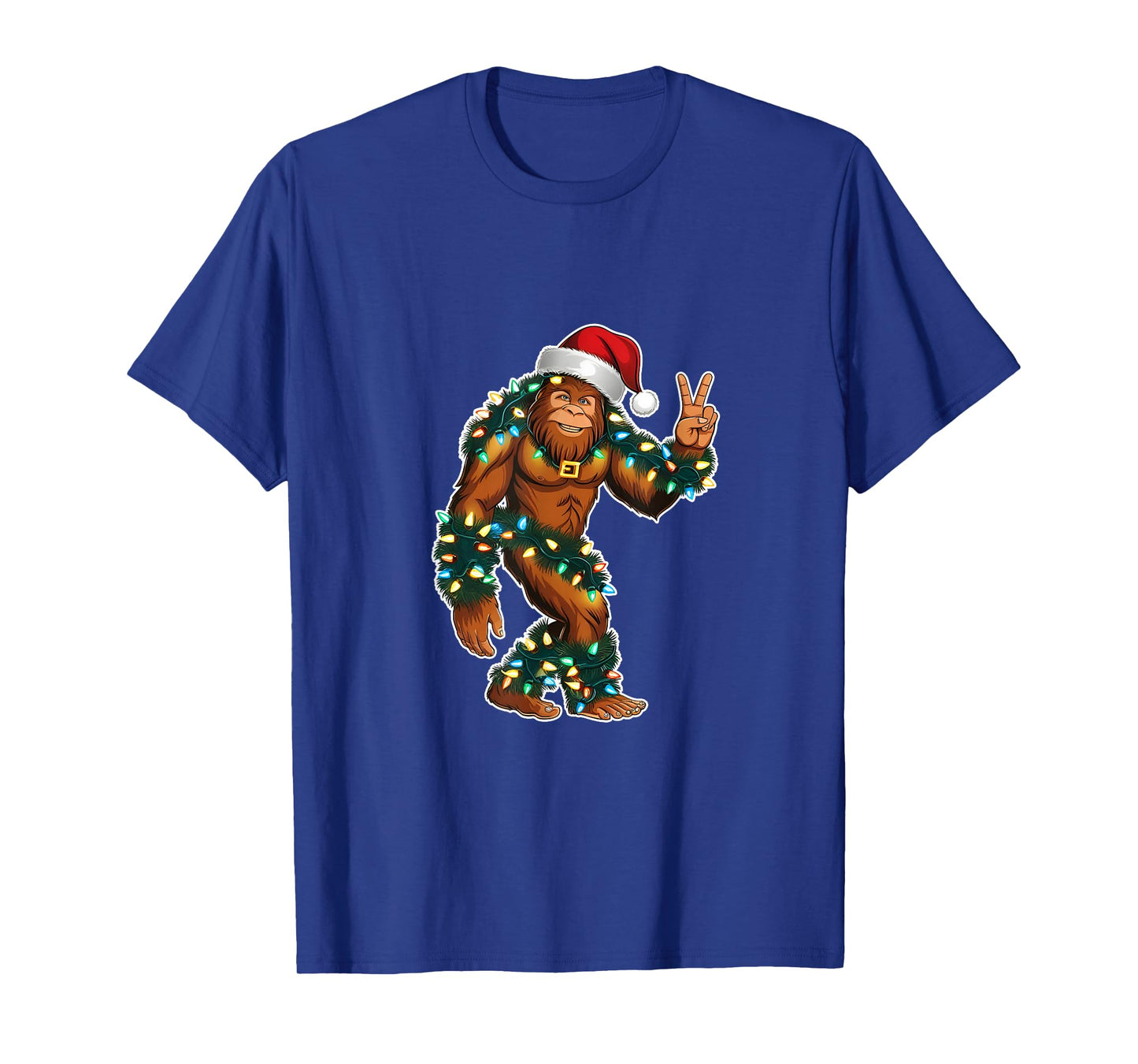Holiday Sasquatch with Xmas Lights and Santa Hat Peace Sign T-Shirt