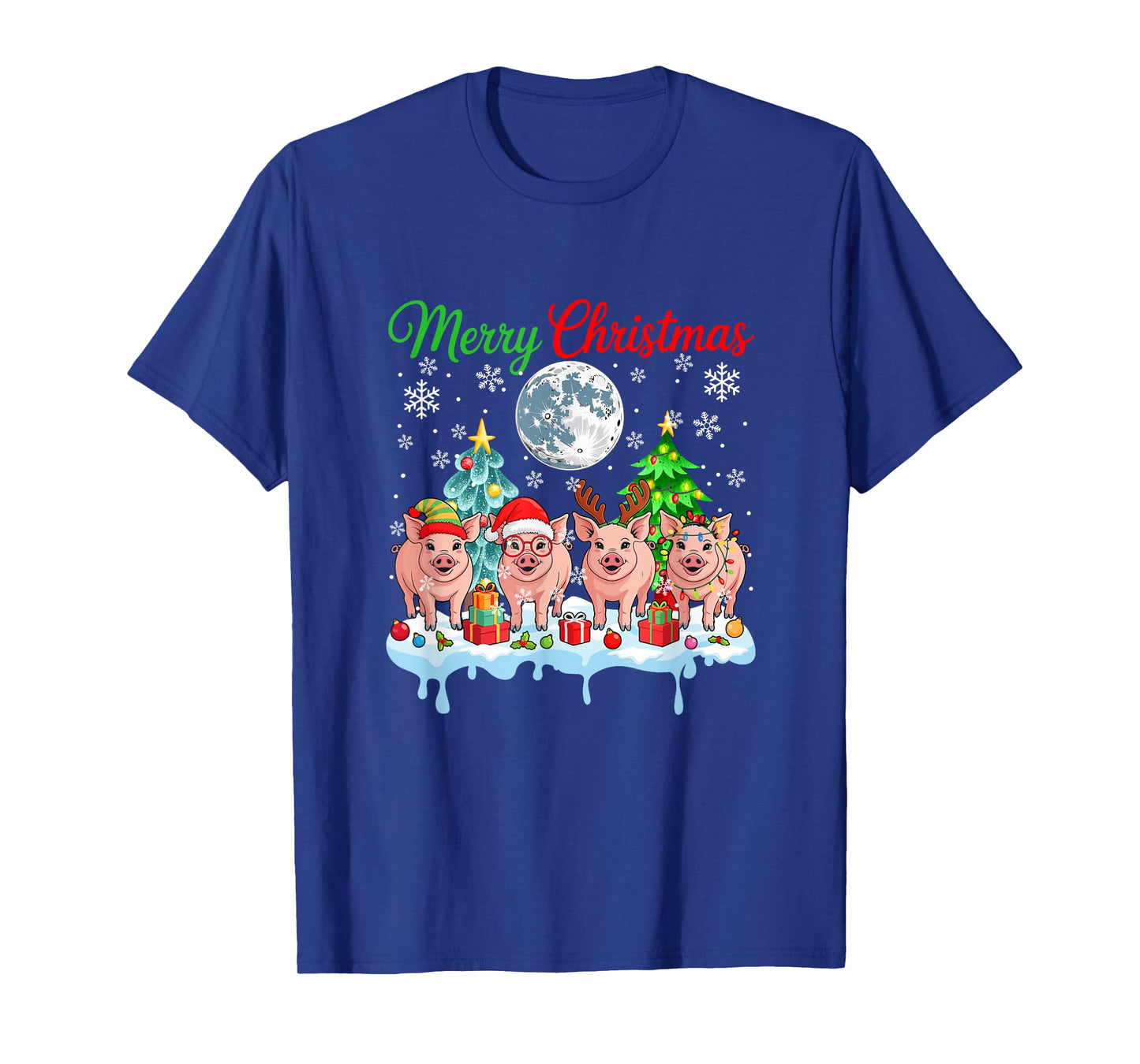 Merry Christmas Snow Group Santa Elf Reindeer Pigs Farmer T-Shirt