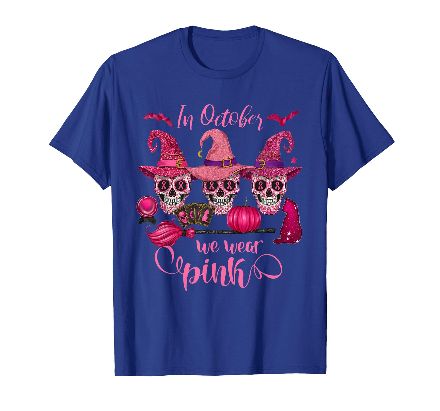 in October We Wear Pink Ribbon Witch Halloween Breast Cancer T-Shirt