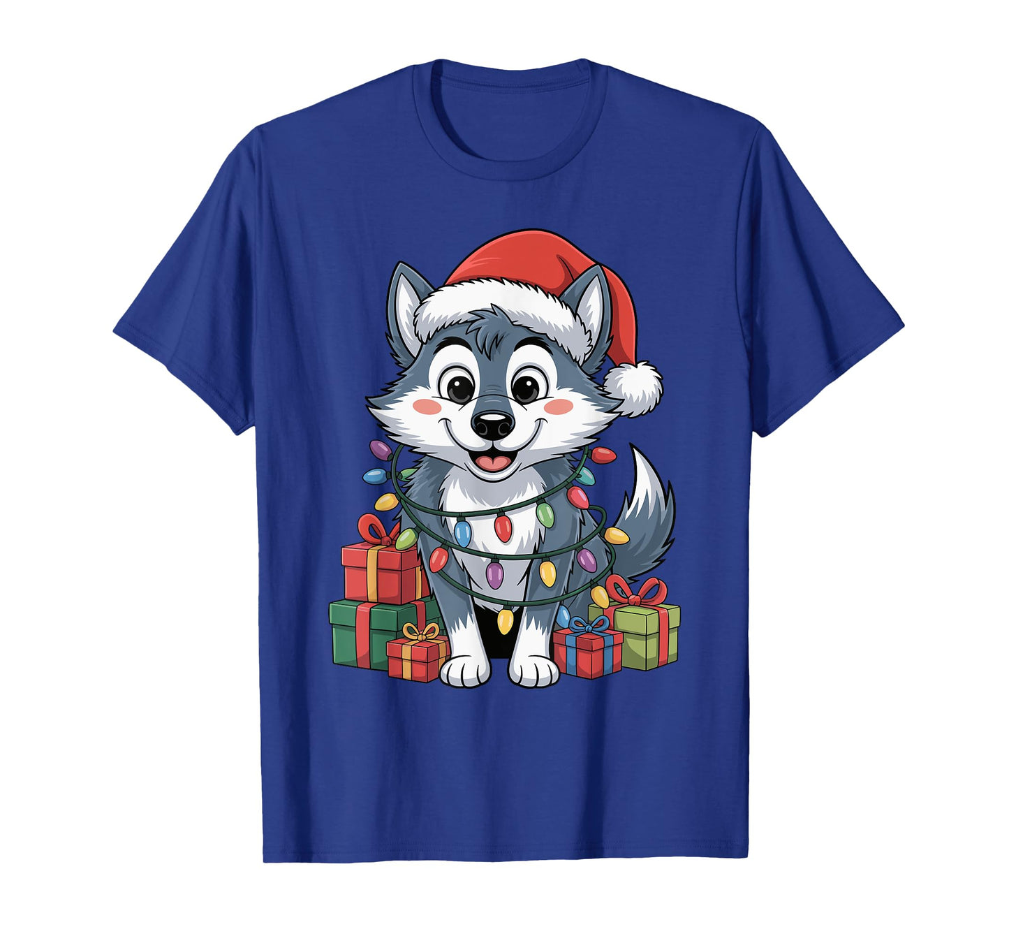 Funny Wolf Santa Hat Animals Lovers Ugly Christmas Pajamas T-Shirt
