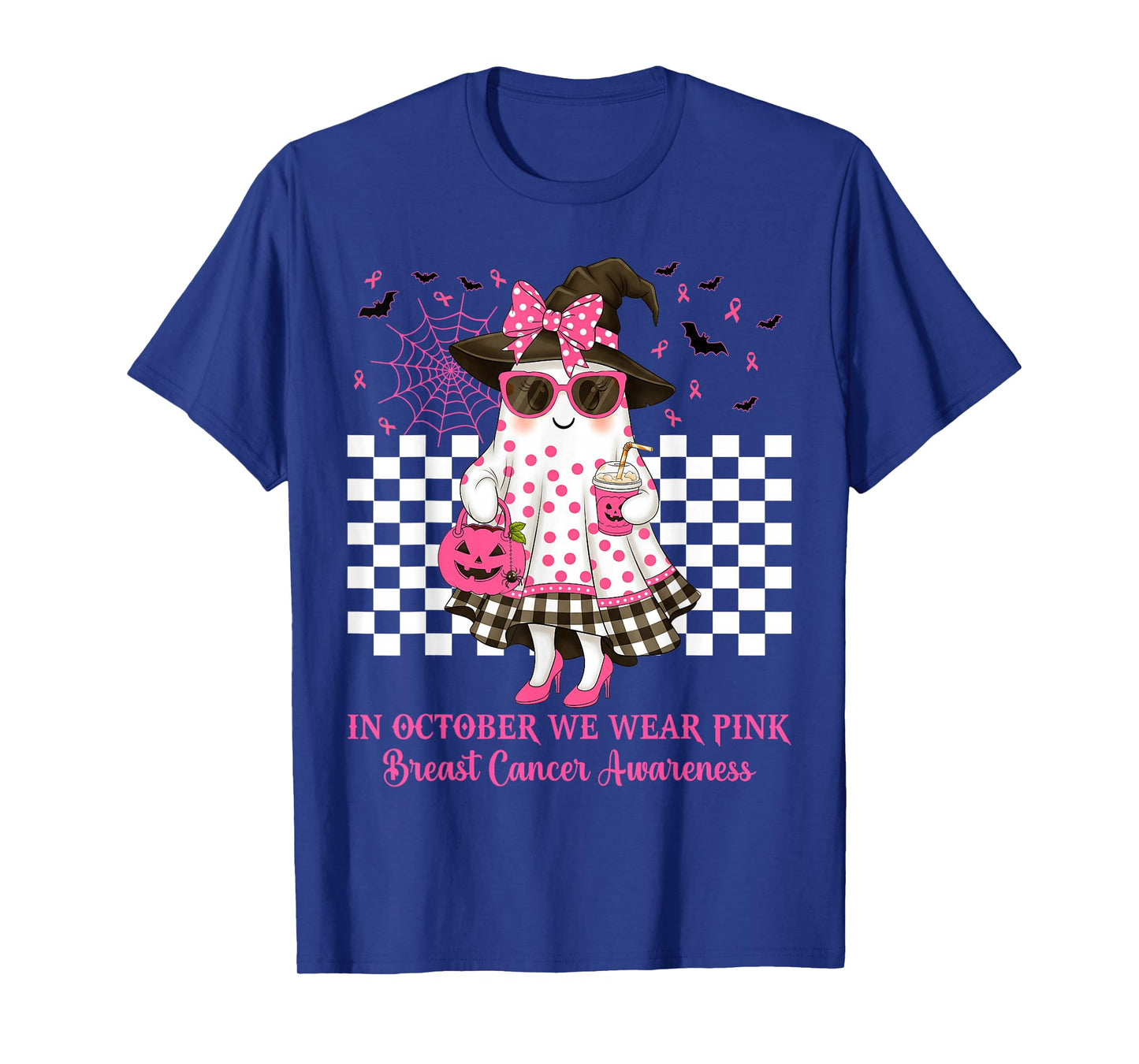 in October We Wear Pink Ghost Witch Breast Cancer Awareness T-Shirt