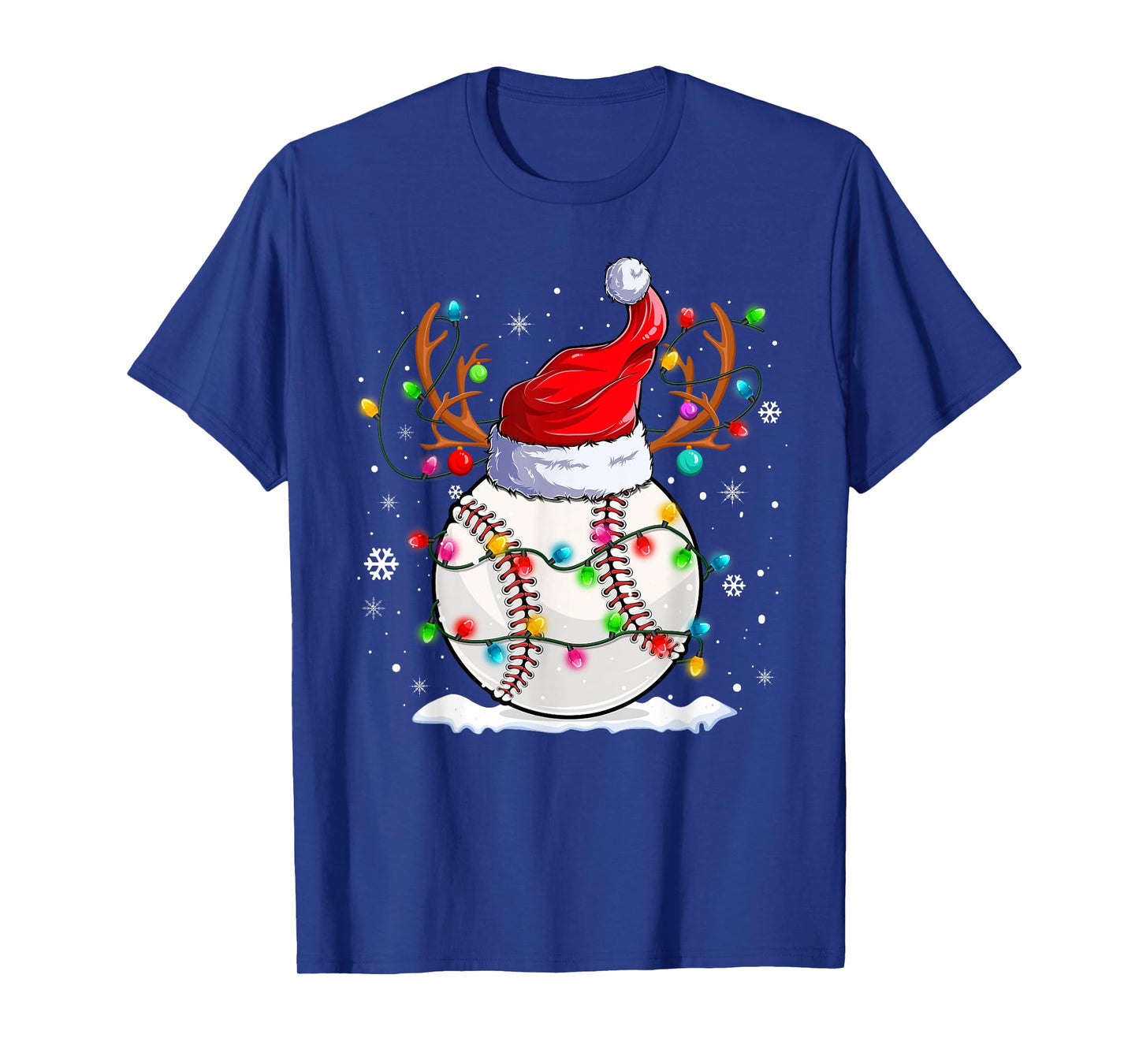 Baseball Santa Hat Reindeer Christmas Lights Funny Xmas T-Shirt