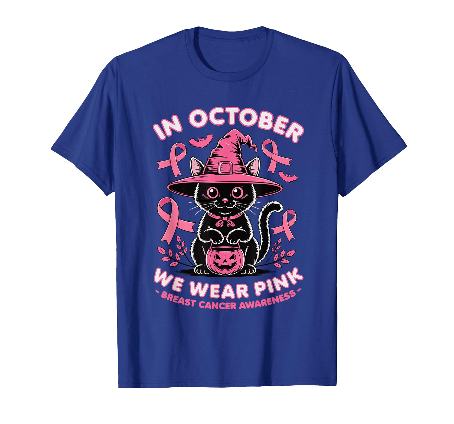 We Wear Pink in October Breast Cancer Women Halloween Cat T-Shirt