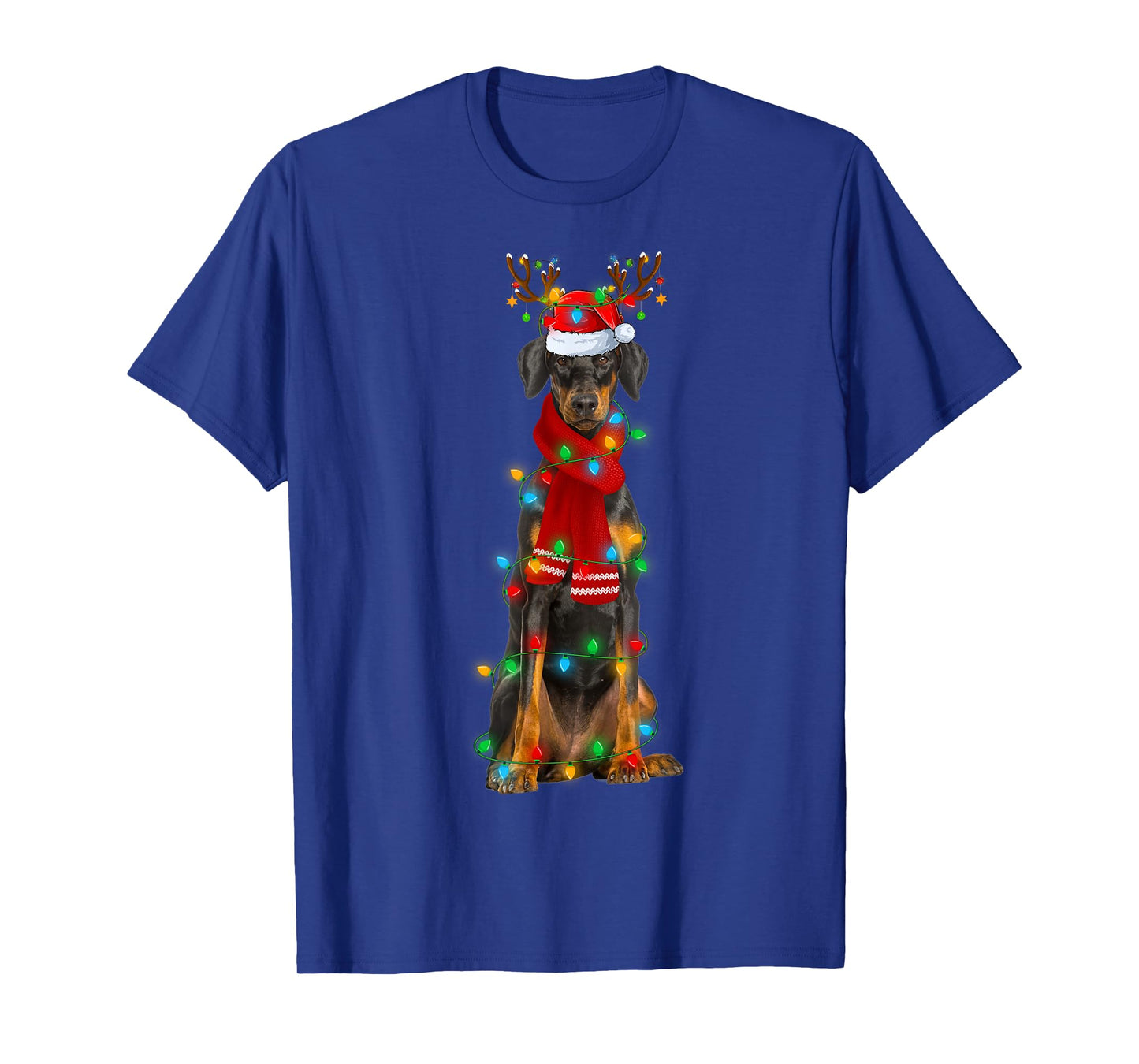 Doberman Pinscher Dog Christmas Lights Santa Hat Xmas T-Shirt