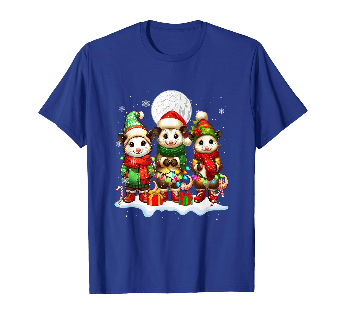 Three Santa Opossums Christmas Snow Colorful Lights Lover T-Shirt