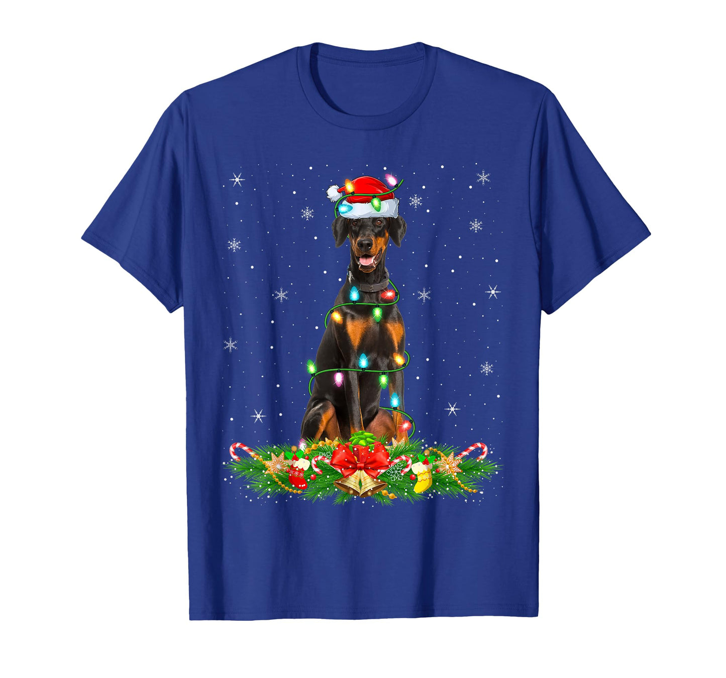 Dobermann Dog Christmas Lights Funny Santa Hat Xmas T-Shirt