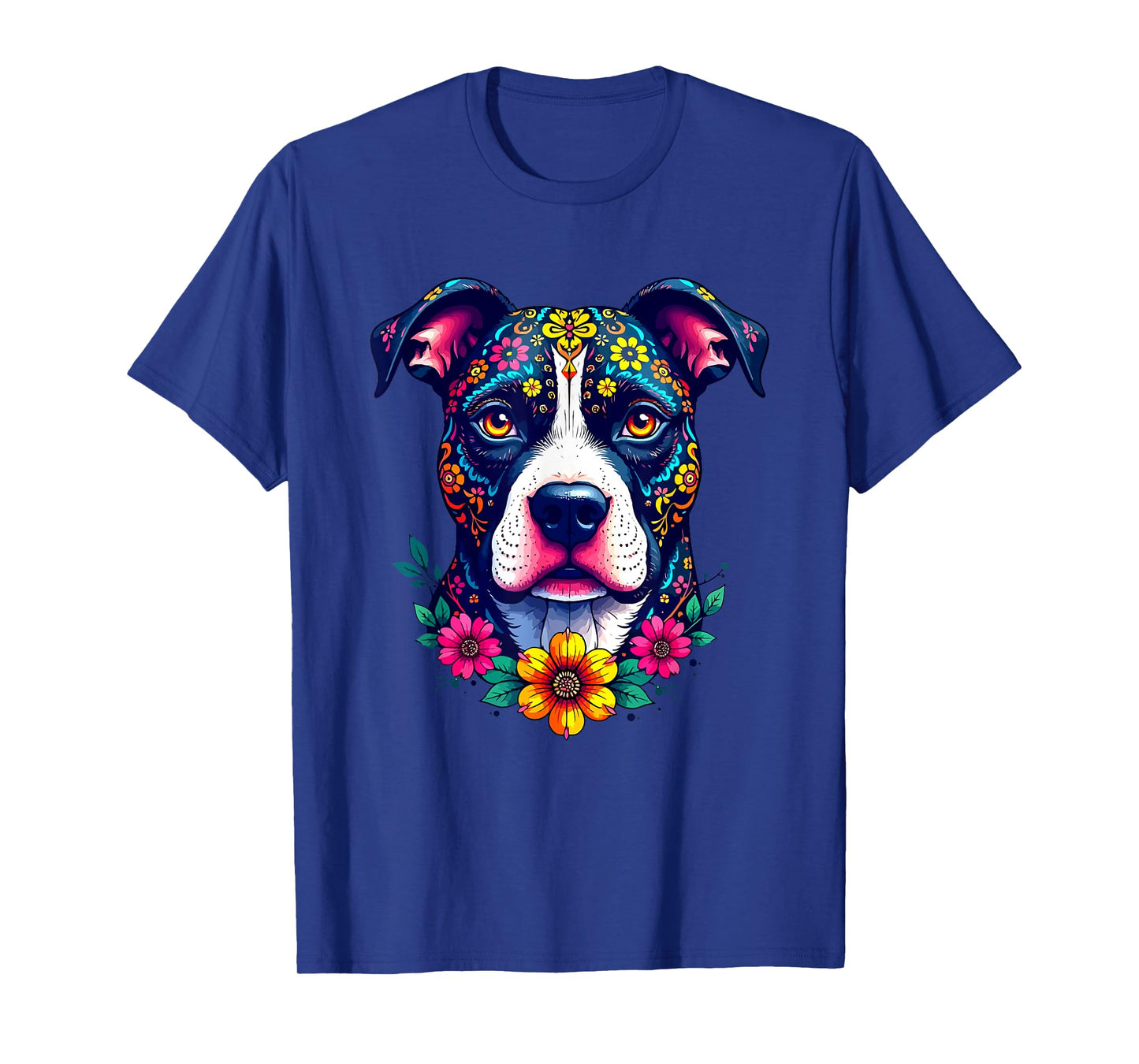 Mexican Sugar Skull Pitbull Dog Dia de Muertos Halloween Day T-Shirt