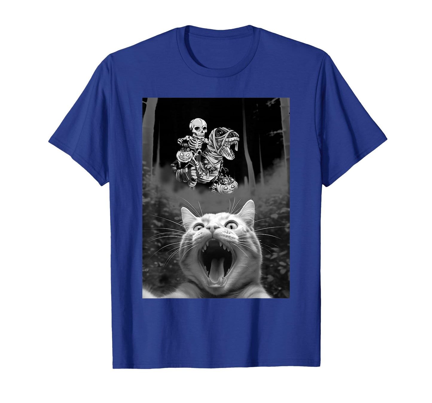 Funny Cat Selfie with Skeleton Riding Dinosuar Halloween Tee T-Shirt