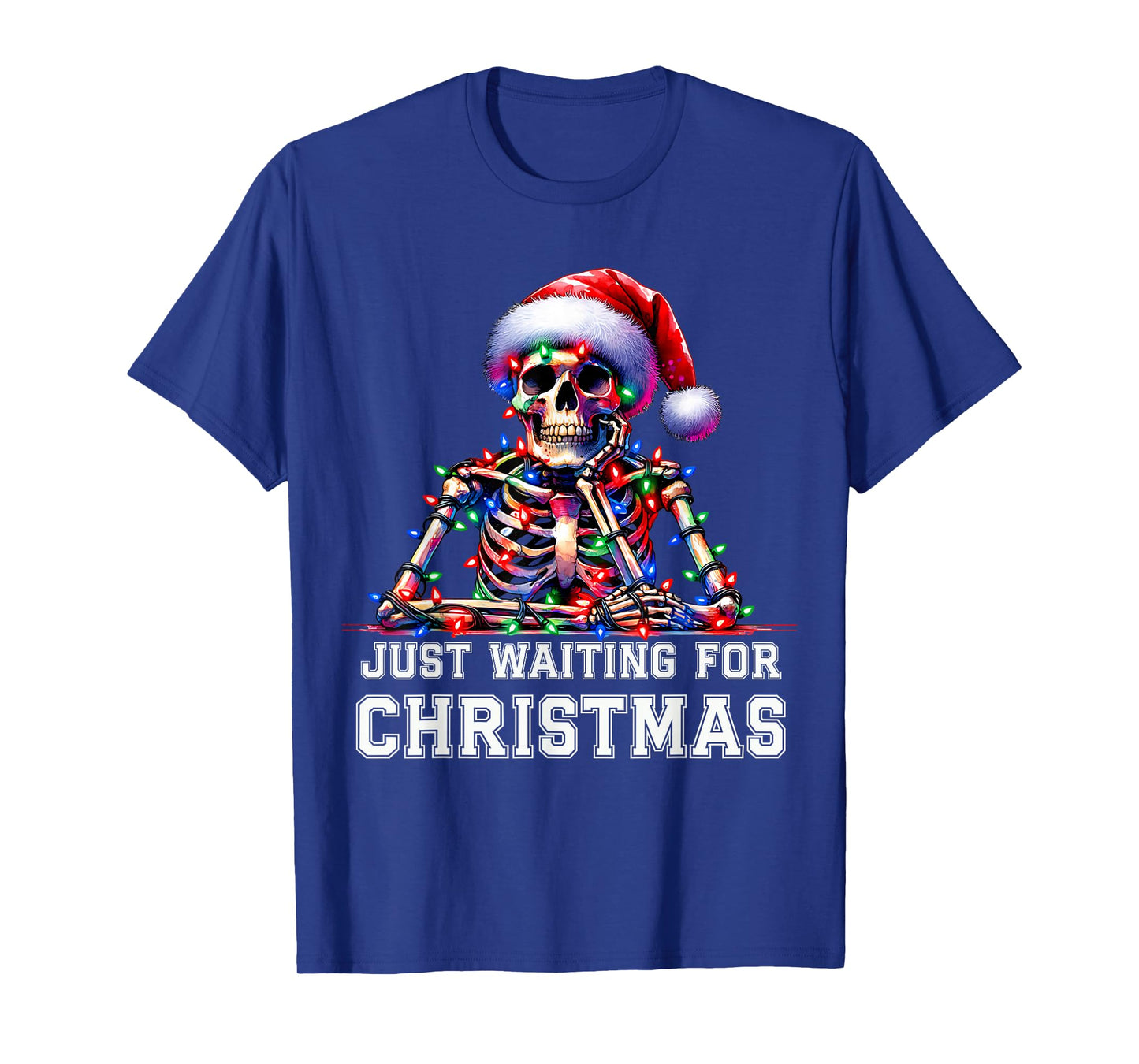 Just Waiting for Christmas Skeleton Santa Hat Xmas Lights T-Shirt