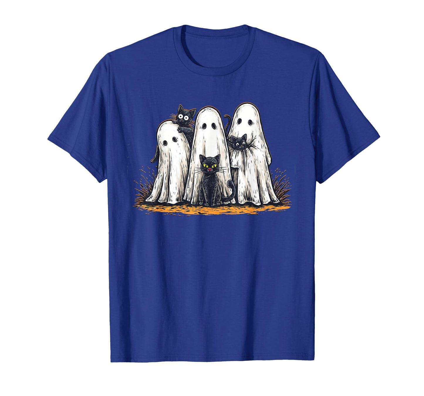 Vintage Halloween Ghost Holding Black Cat Groovy Floral T-Shirt
