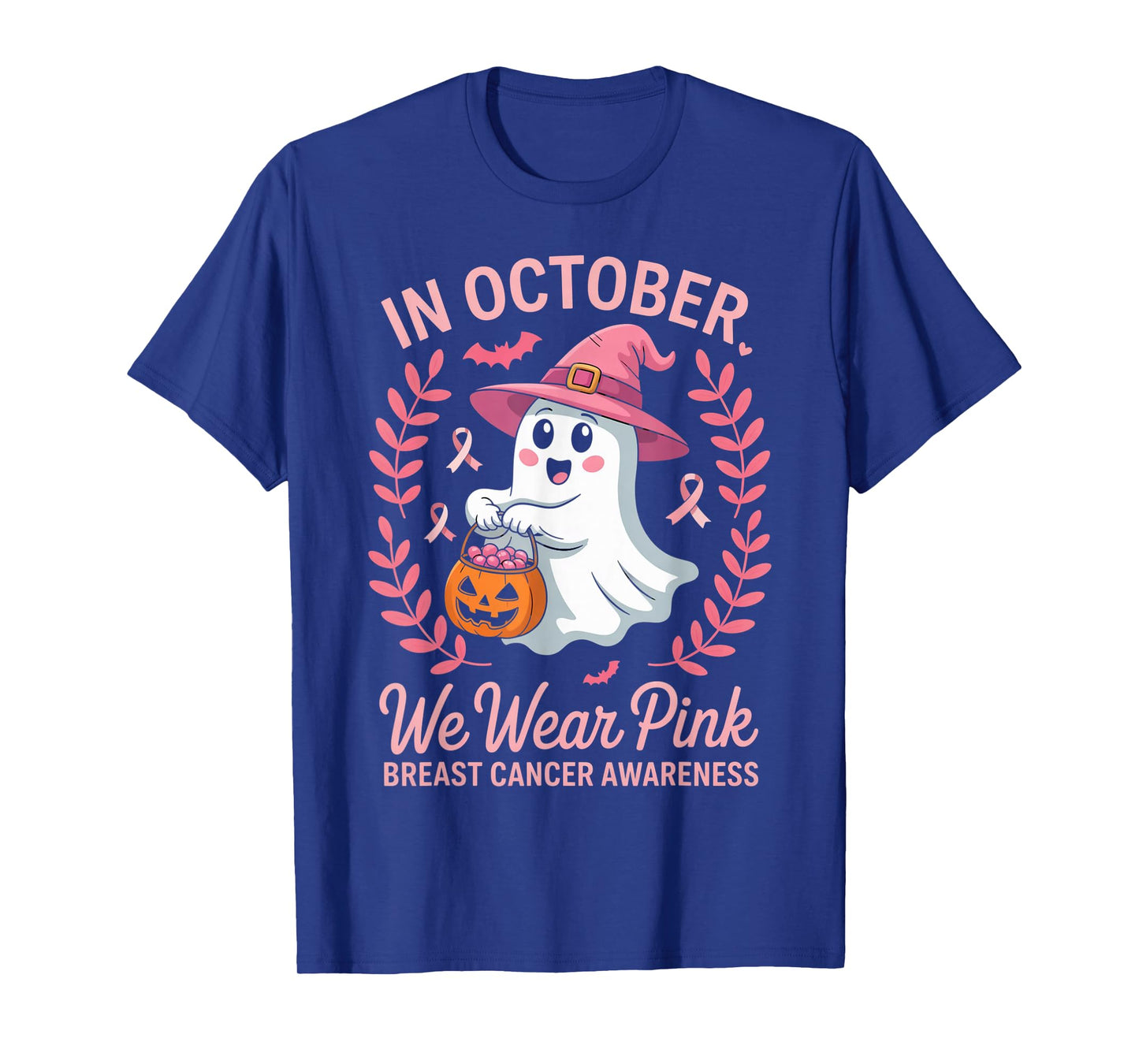 in October We Wear Pink Ghost Witch Breast Cancer Awareness T-Shirt