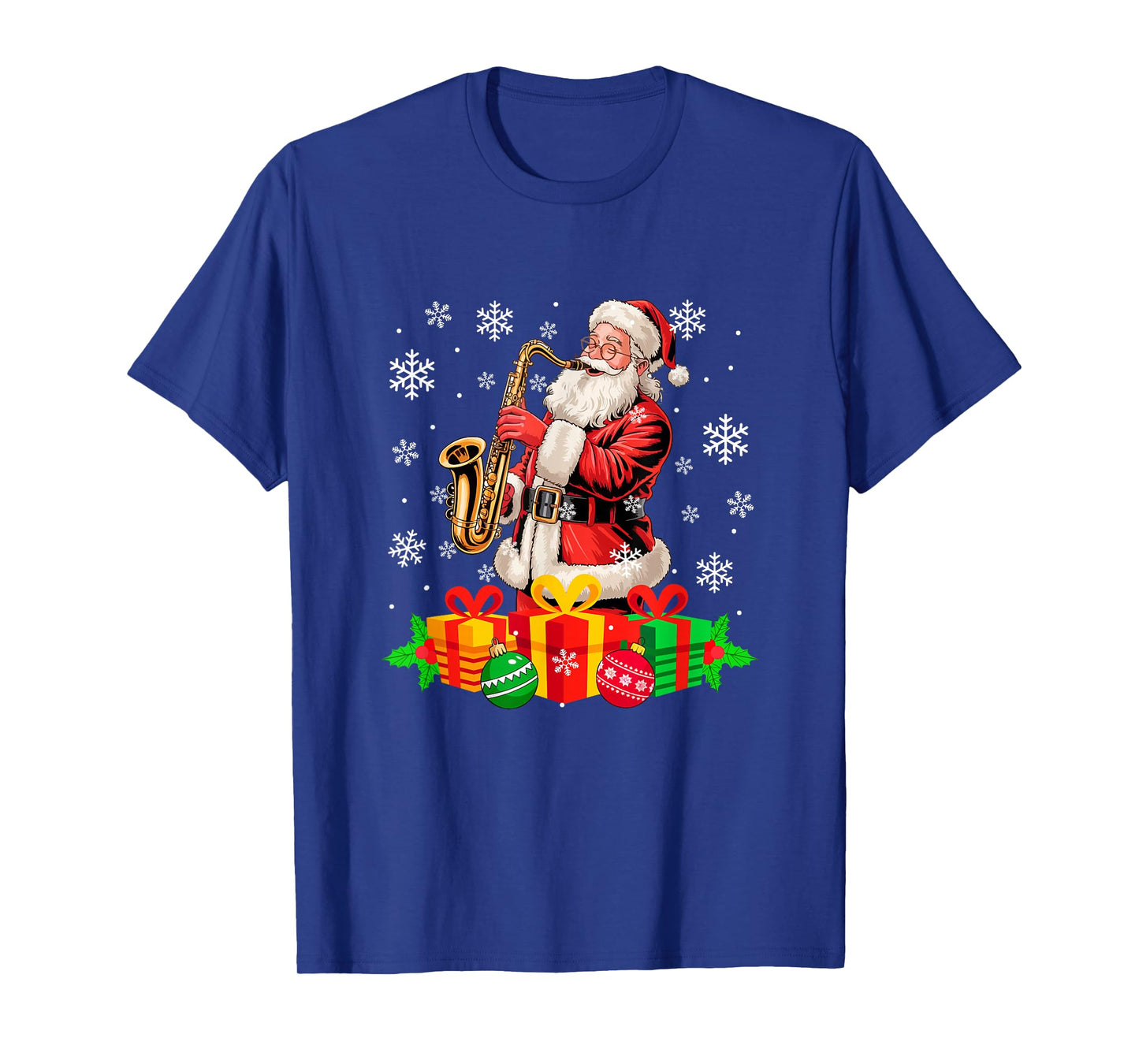 Santa Playing Saxophone Instrument Colorful Christmas Boxes T-Shirt