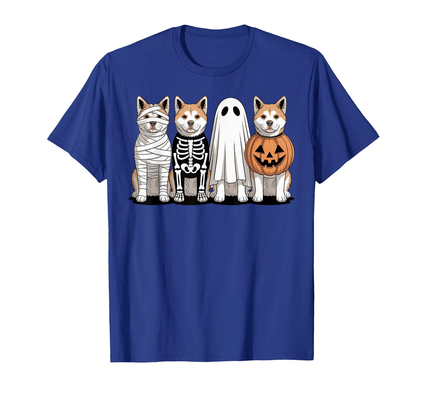 Spooky Ghost American Akita Pumpkin Halloween Dog Skeleton T-Shirt