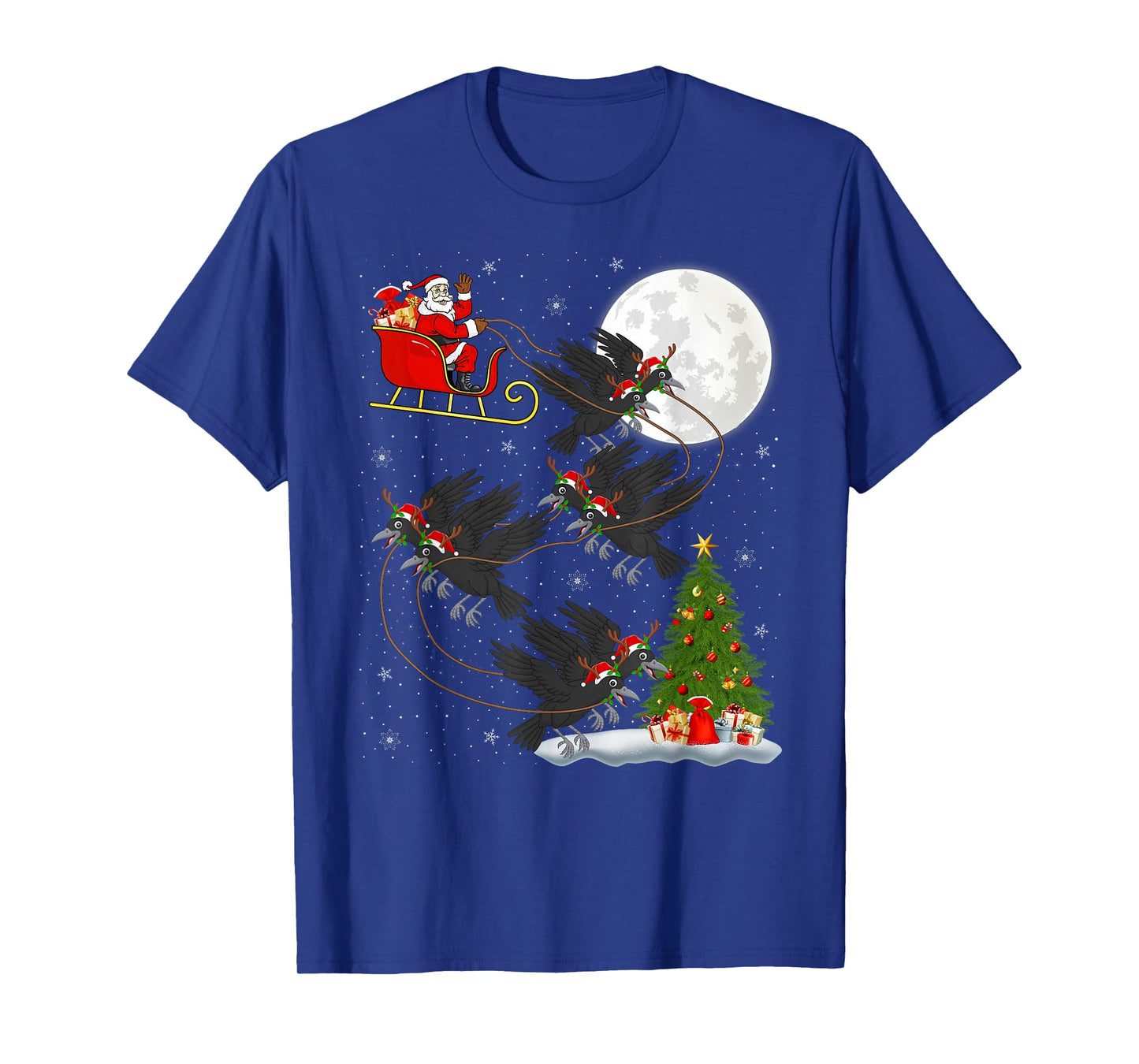 Crow Raven Bird Santa Sleigh Flying Funny Magical Christmas T-Shirt