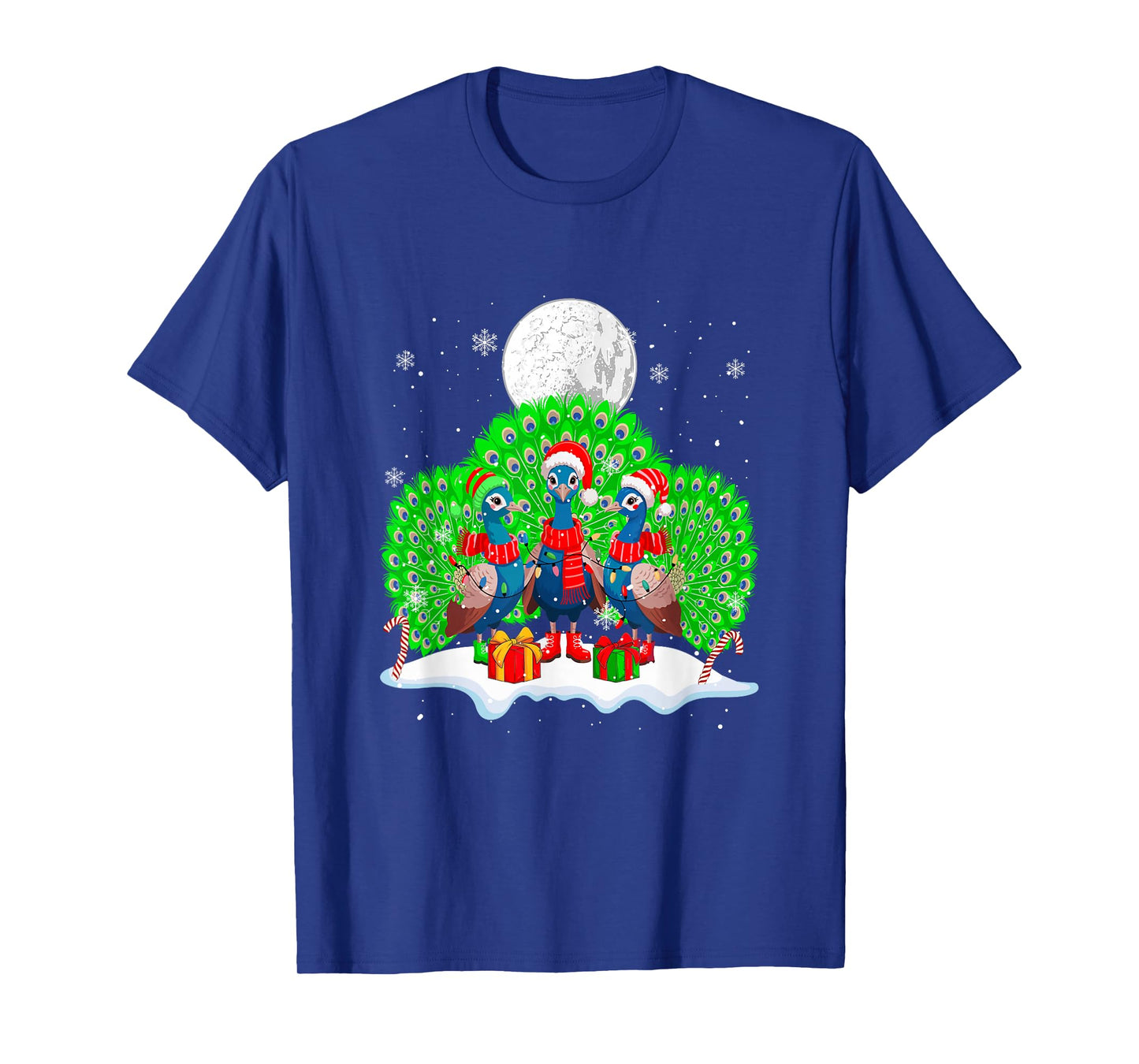 Three Santa Peacocks Christmas Snow Colorful Lights Lover T-Shirt
