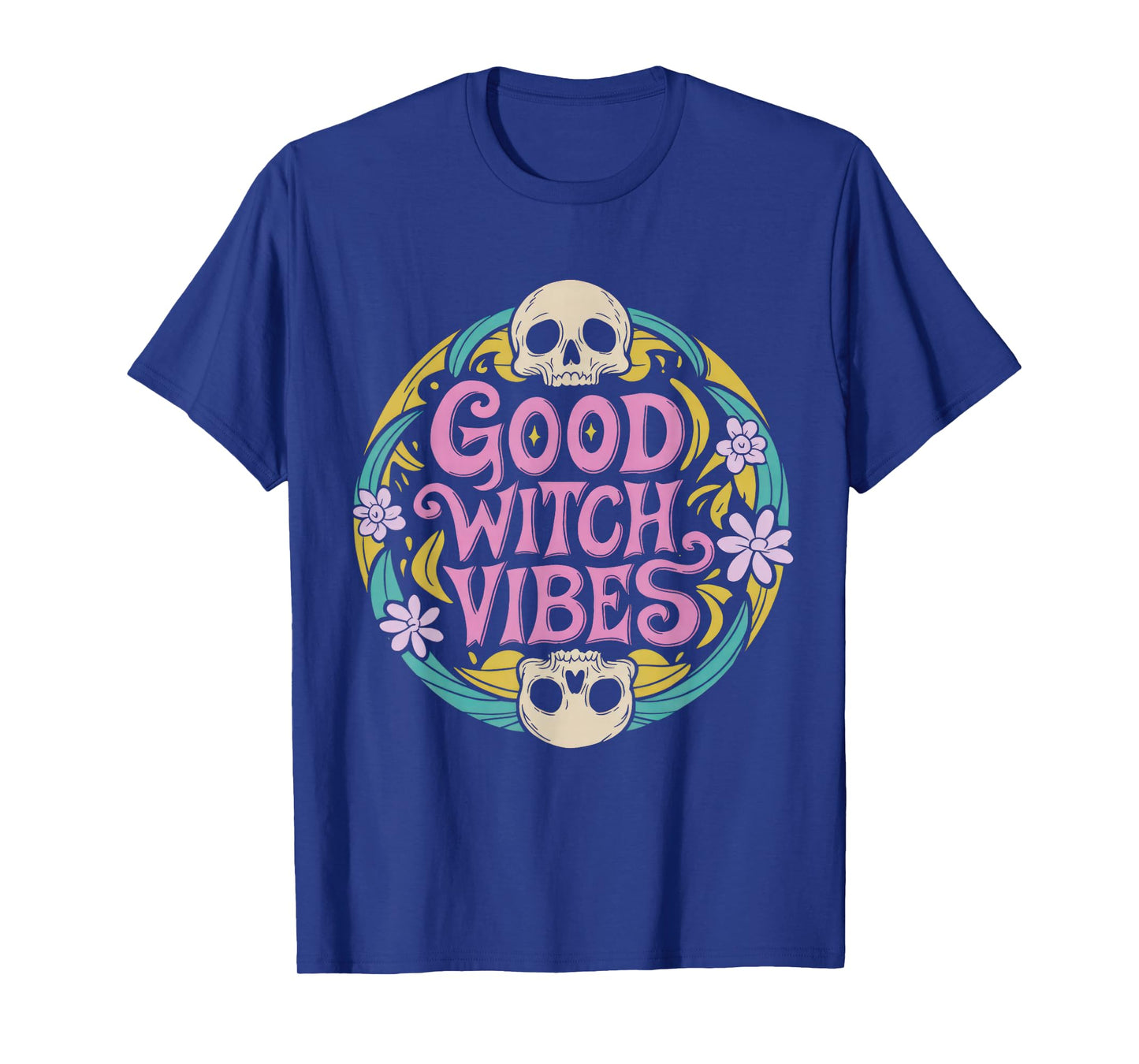 Cuet Retro Good Witch Vibes Vintage 70s Skull Floral Witchy T-Shirt