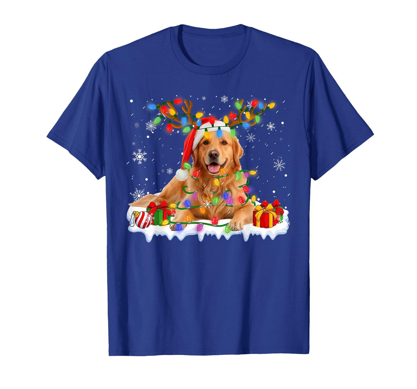 Funny Golden Retriever Christmas Santa Hat Reindeer Lights T-Shirt