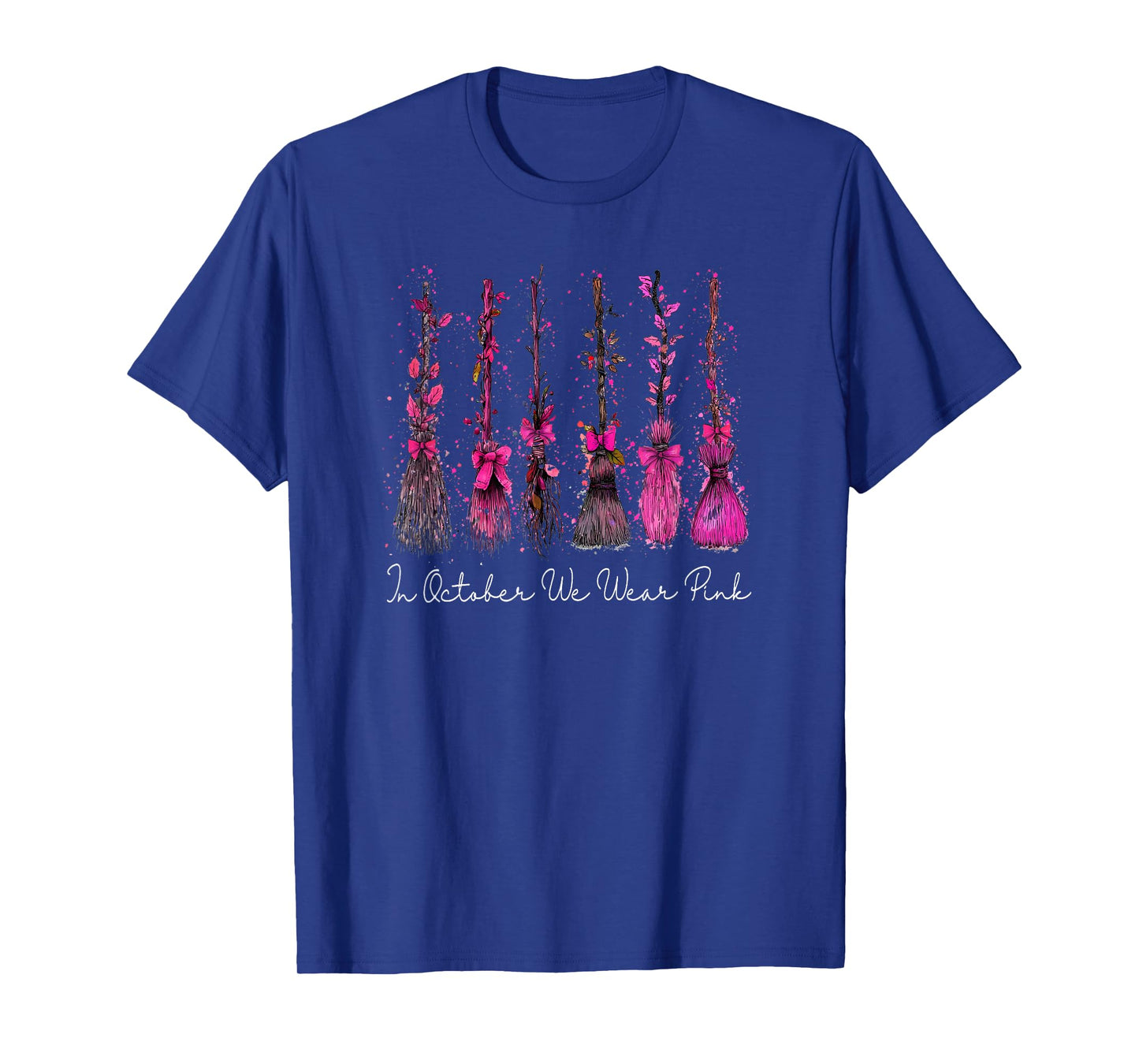in October We Wear Pink Witches Brooms Spooky Breast Cancer T-Shirt