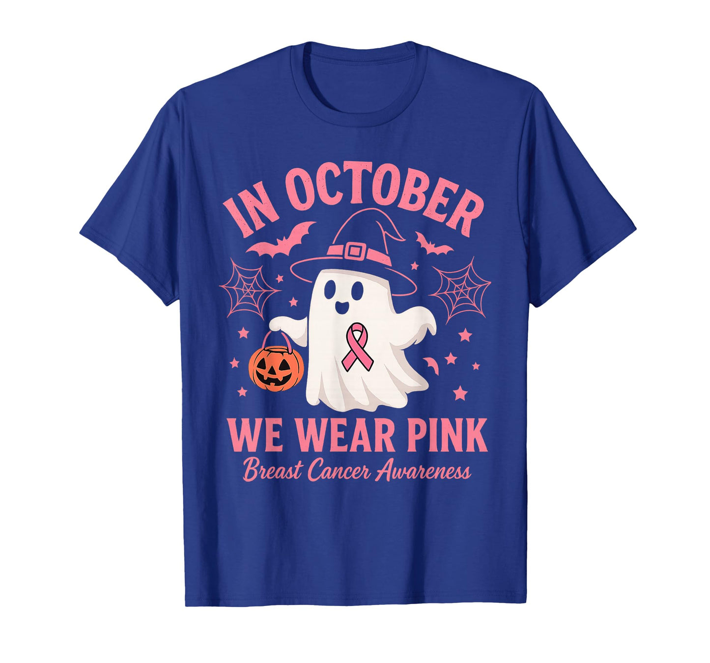 in October We Wear Pink Ghost Witch Breast Cancer Awareness T-Shirt
