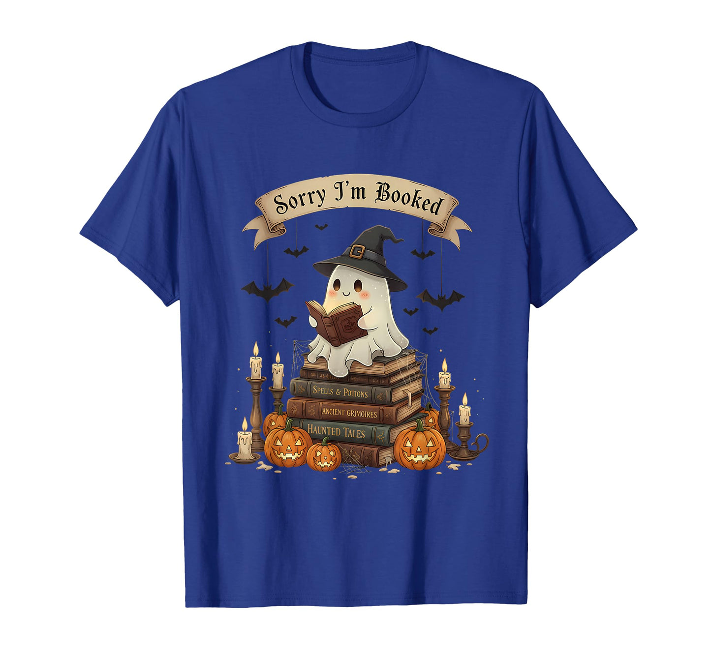 Sorry Iβm Booked Ghost Reading Witch Hat Pumpkin Halloween T-Shirt