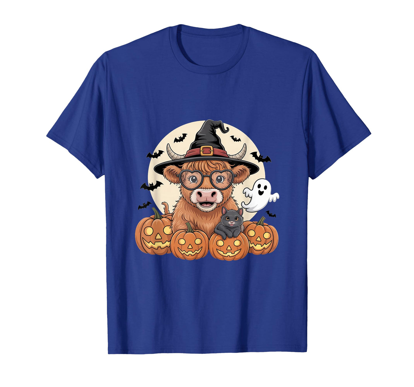 Cute Highland Cow Witch Halloween Pumpkin Black Cat Ghost T-Shirt