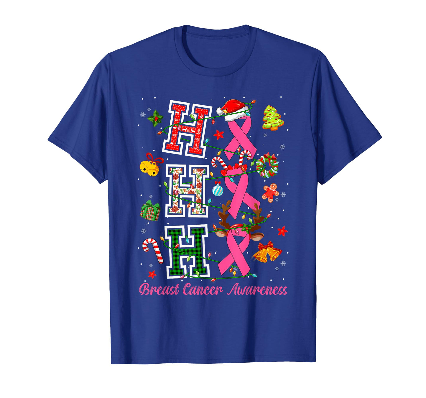 HoHoHo Pink Ribbon Santa Hat Christmas Lights Breast Cancer T-Shirt