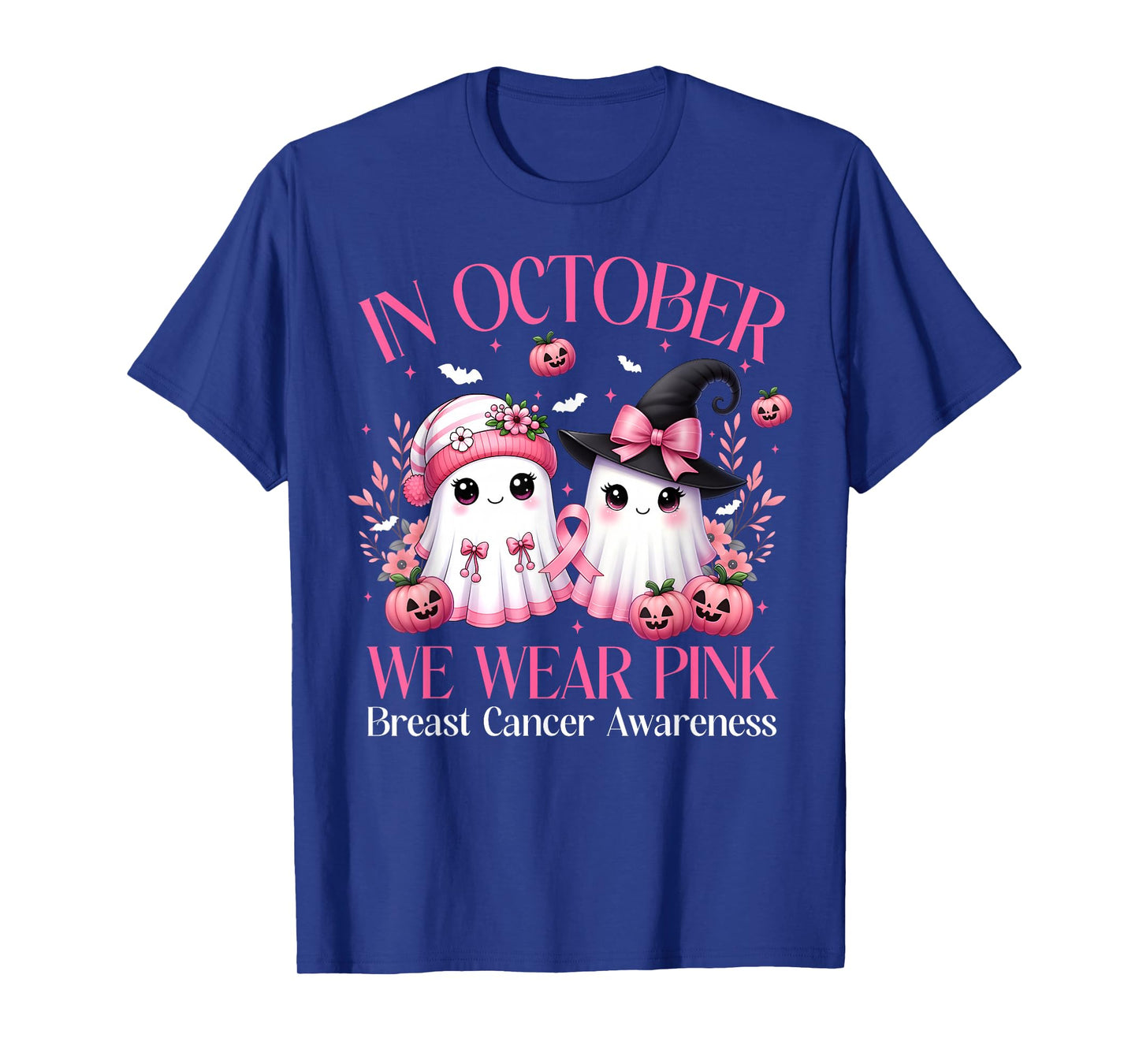 in October We Wear Pink Ghost Witch Breast Cancer Awareness T-Shirt