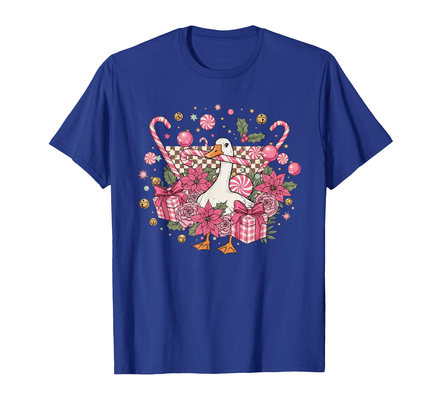 Coquette Christmas Pink Retro Cute Goose Checkered Funny T-Shirt
