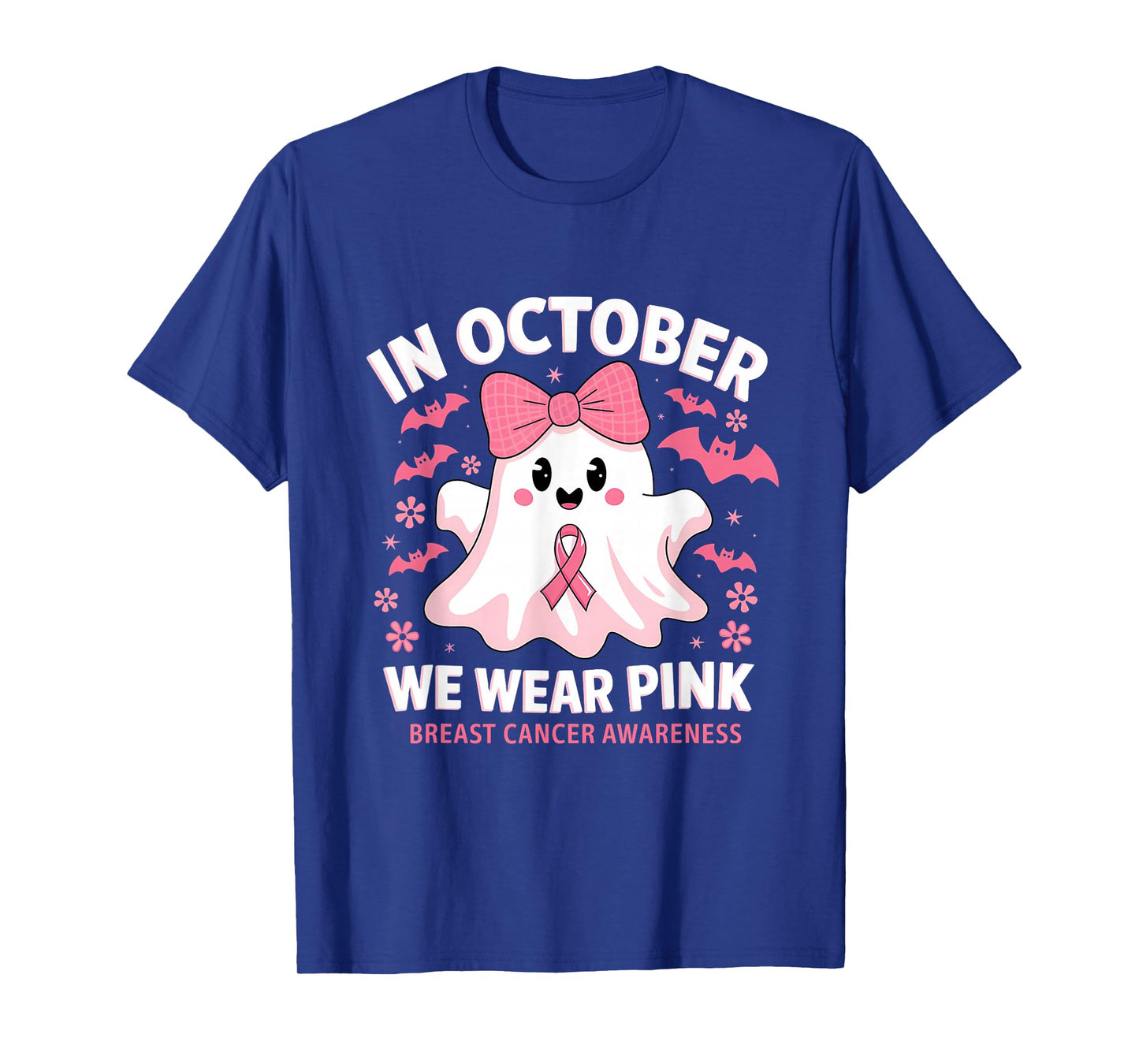 in October We Wear Pink Ghost Witch Breast Cancer Awareness T-Shirt