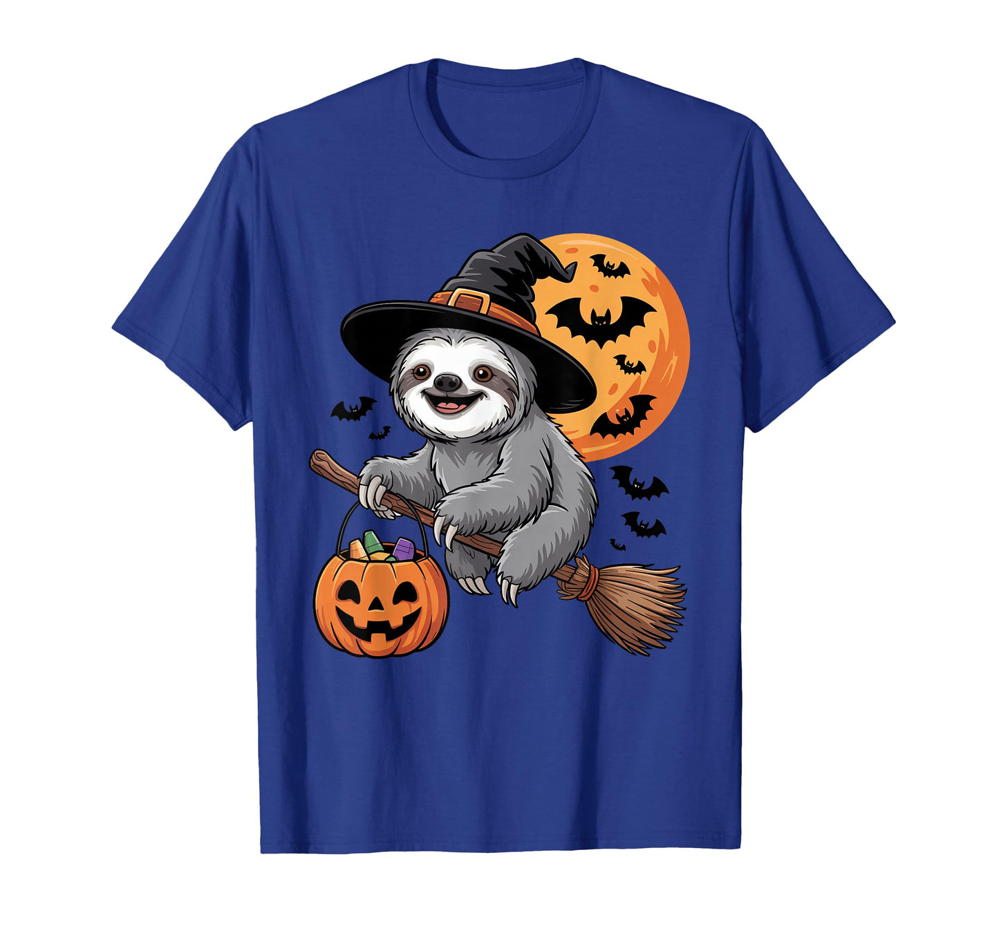 Halloween Sloth Witch Hat and Broom Pumpkin Candy Bucket T-Shirt