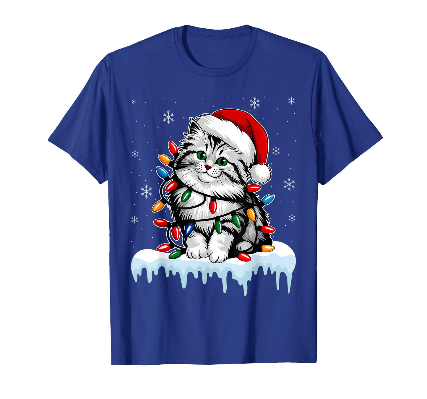 Siberian Cat Christmas Lights Xmas Lover Santa Hat Men T-Shirt