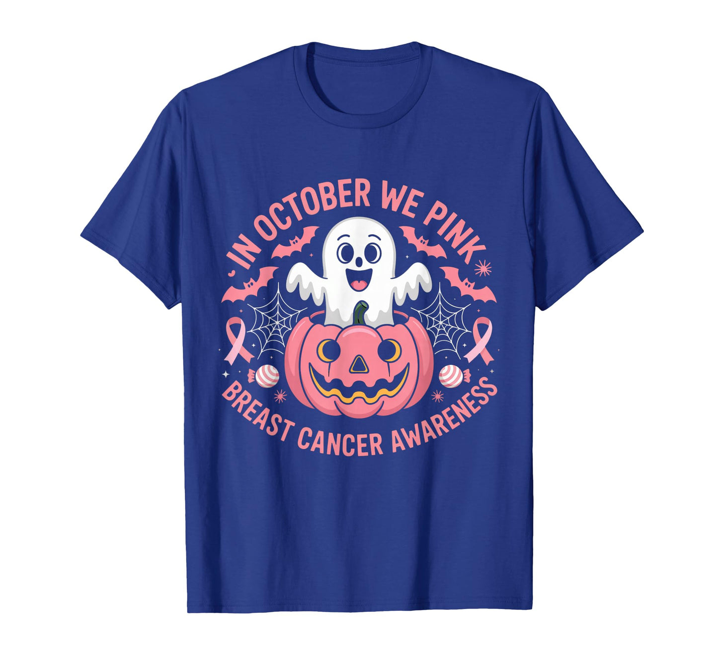 in October We Wear Pink Ghost Witch Breast Cancer Awareness T-Shirt