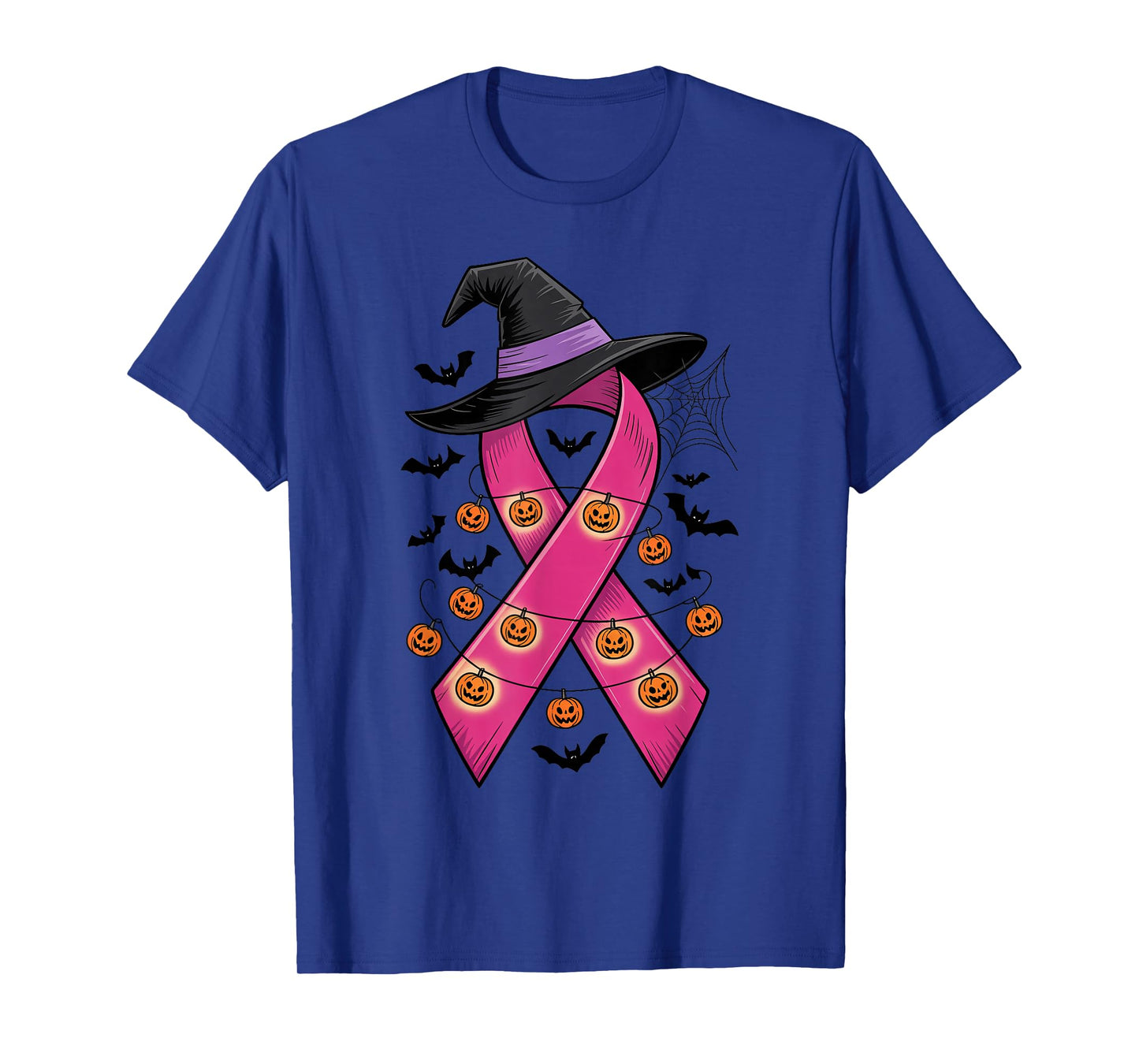 Breast Cancer Warrior Halloween Pink Ribbon Witch Hat Bats T-Shirt