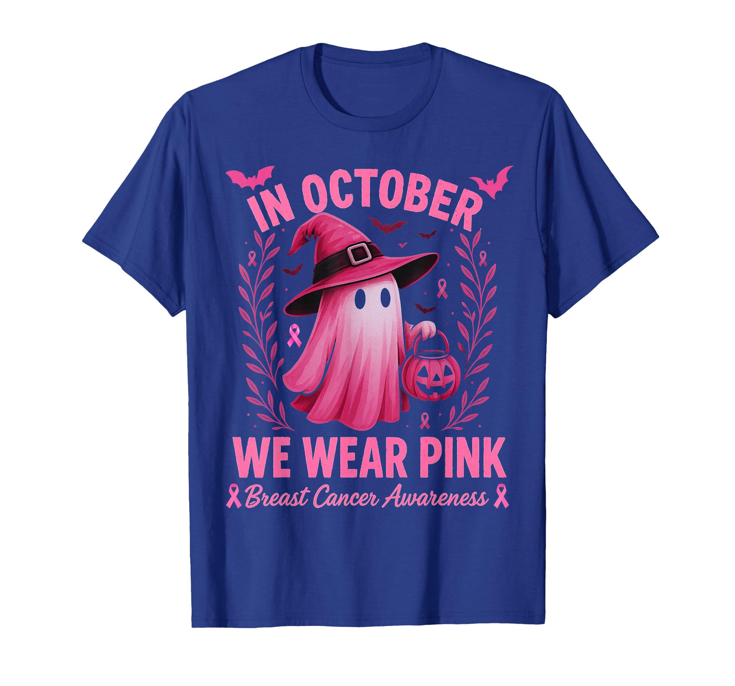 in October We Wear Pink Ghost Witch Breast Cancer Awareness T-Shirt