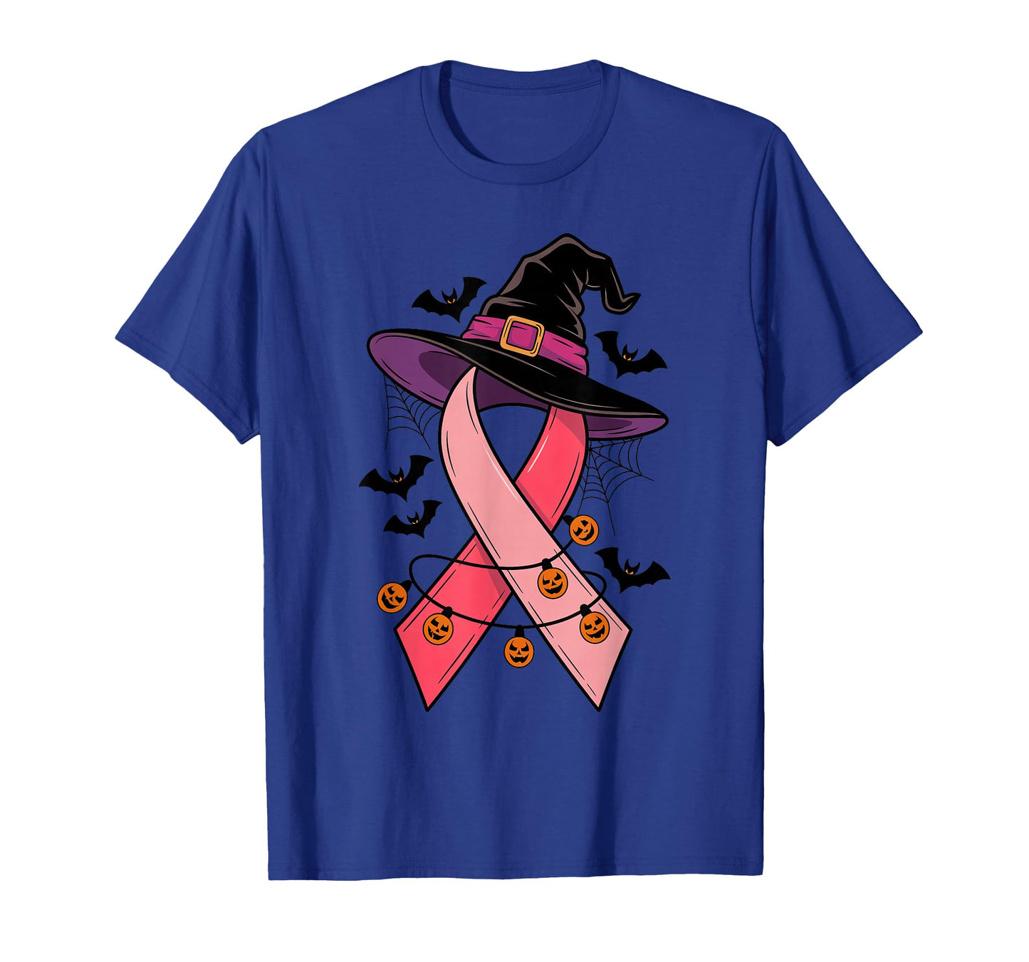 Pink Ribbon Witch Hat Bats Halloween Breast Cancer Survivor T-Shirt