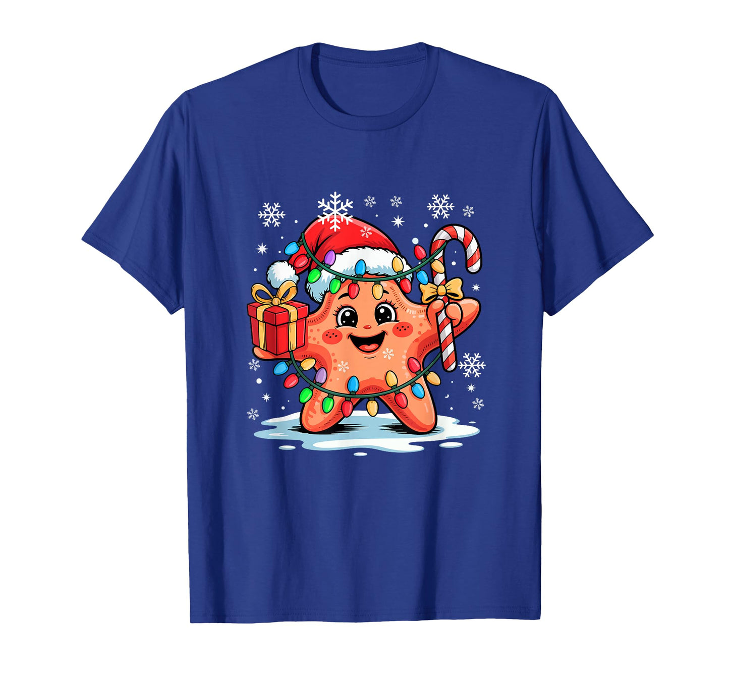 Santa Starfish Holding Candy Cane Xmas Box Colorful Lights T-Shirt
