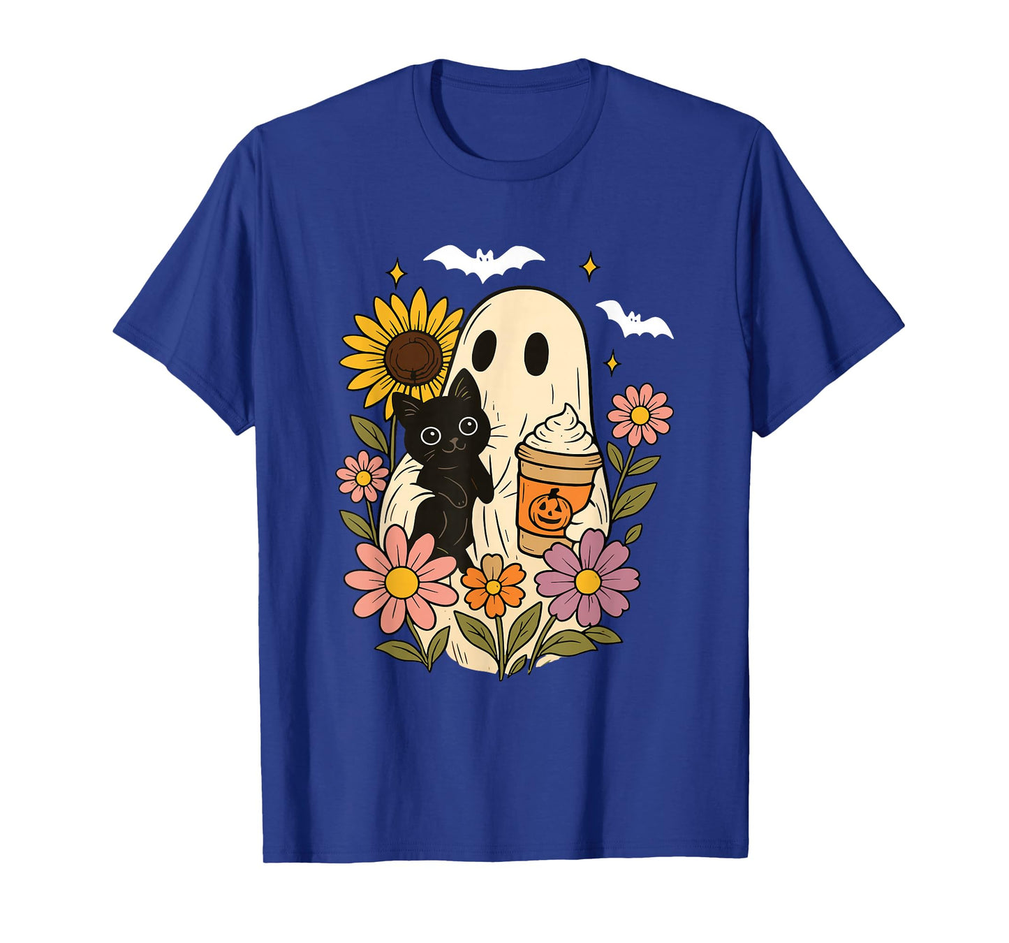 Floral Ghost Pumpkin Spice Halloween Ghost Holding Black Cat T-Shirt