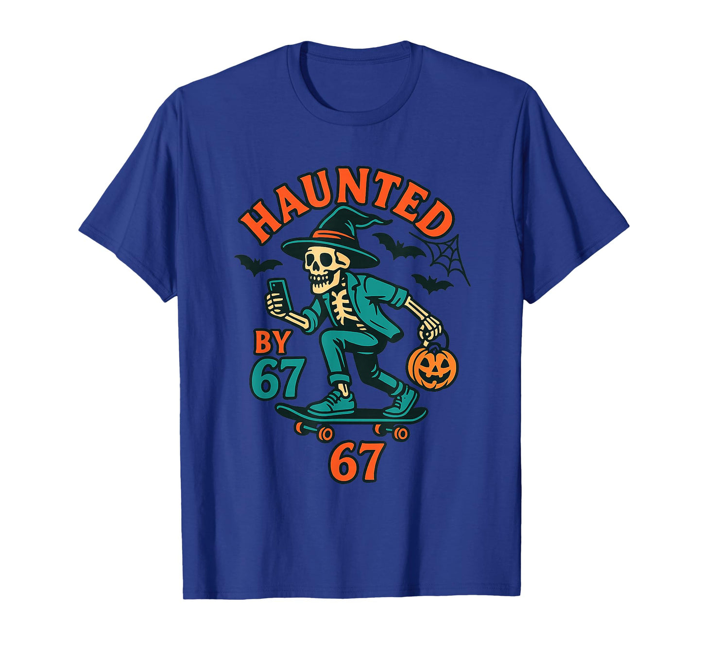 Haunted by 67 Skate Skeleton Witch Hat Halloween T-Shirt