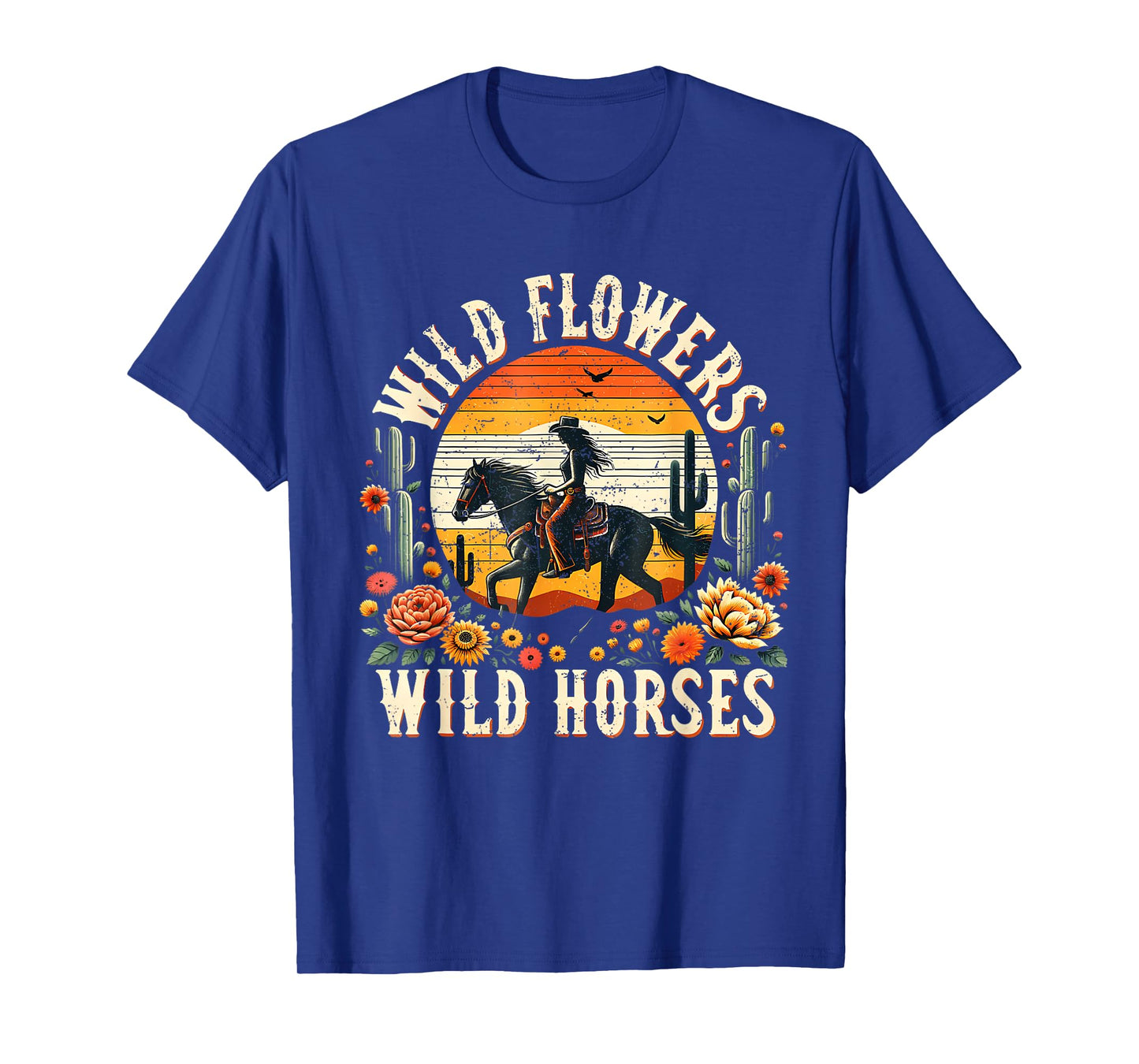 Sunset Cowgirl Riding Horse Wild Flowers Wild Horses T-Shirt