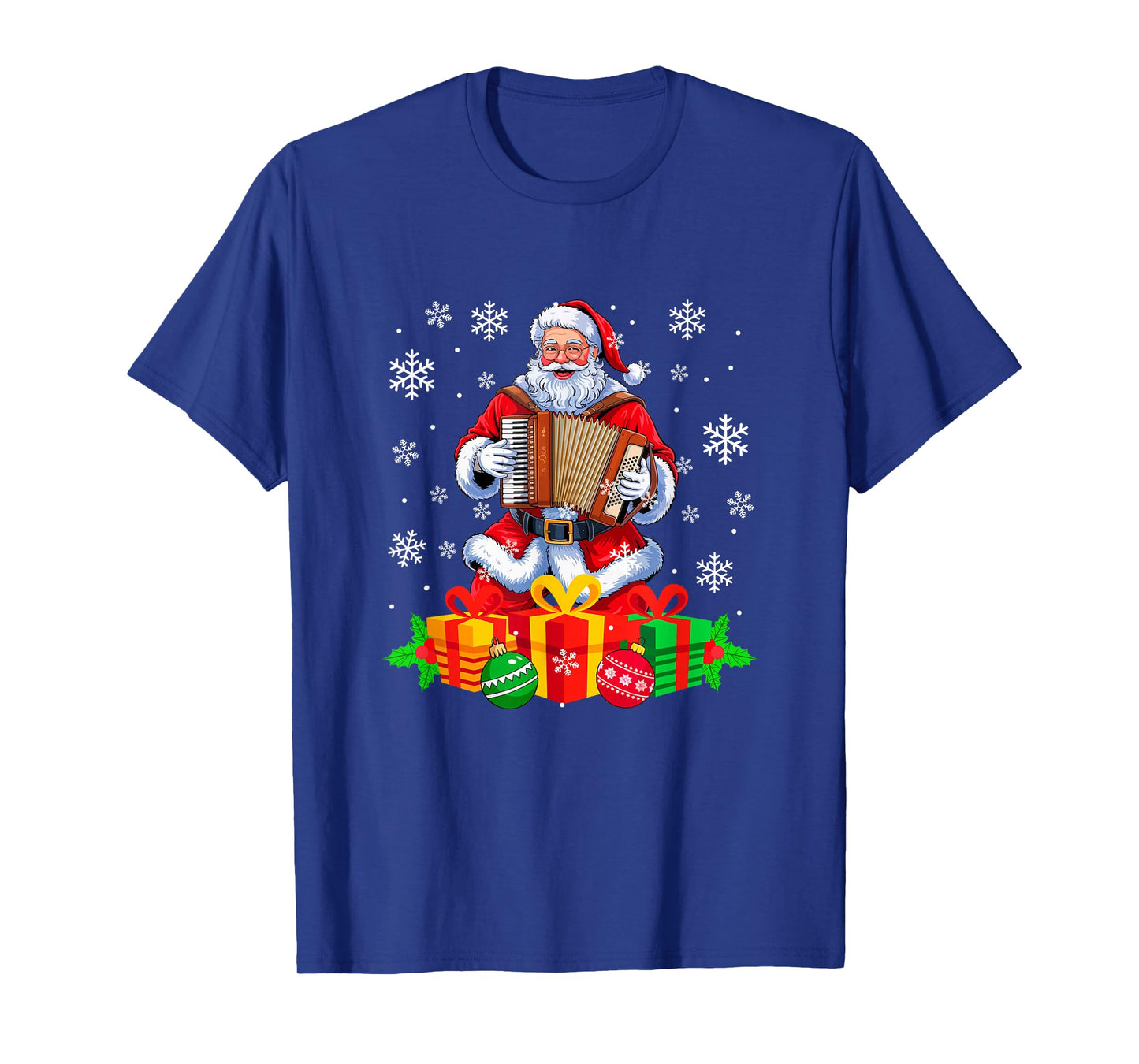 Santa Playing Accordion Instrument Colorful Christmas Boxes T-Shirt