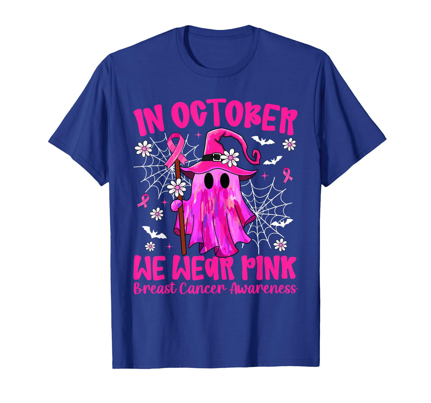 in October We Wear Pink Ghost Witch Breast Cancer Awareness T-Shirt