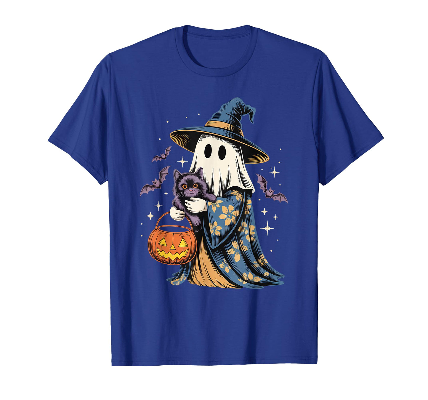 Vintage Halloween Ghost Holding Black Cat Groovy Floral T-Shirt