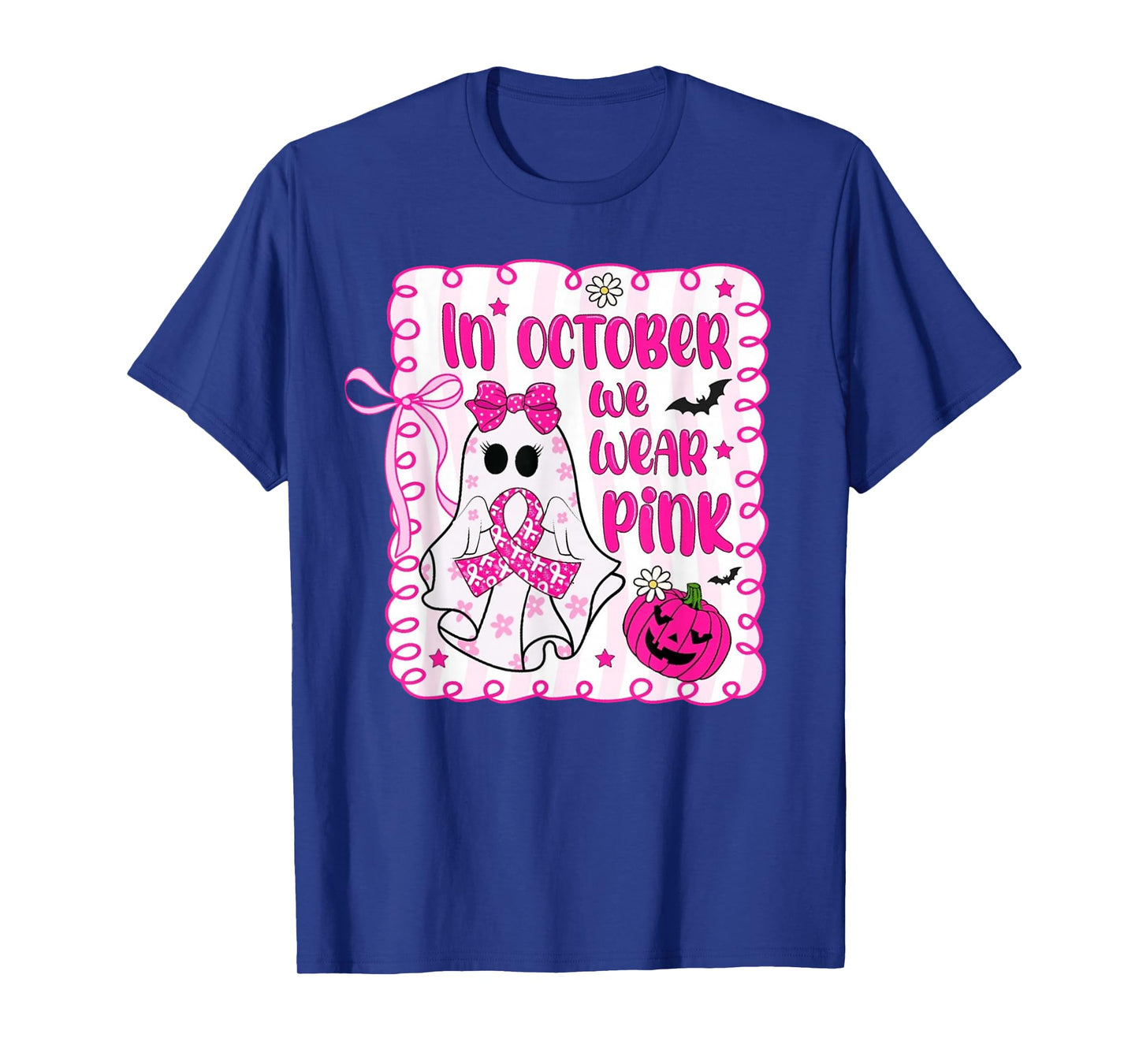 in October We Wear Pink Ghost Witch Breast Cancer Awareness T-Shirt