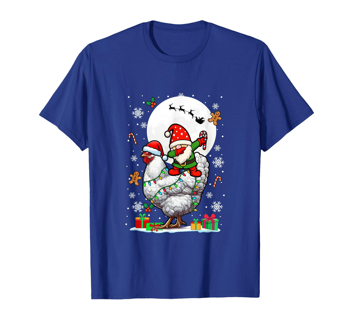 Dabbing Gnome On Chicken Christmas Santa Colorful Lights T-Shirt