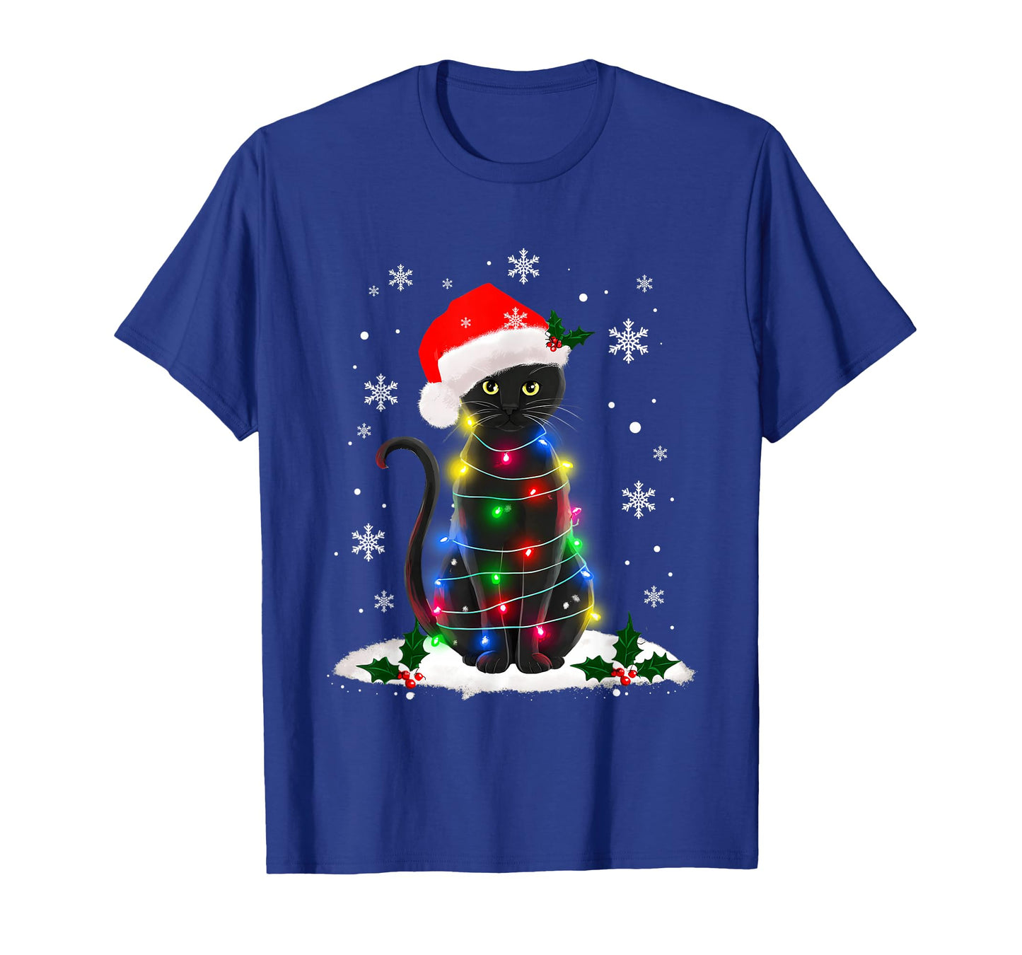 Funny Santa Kitten Black Cat Christmas Tree Lights T-Shirt